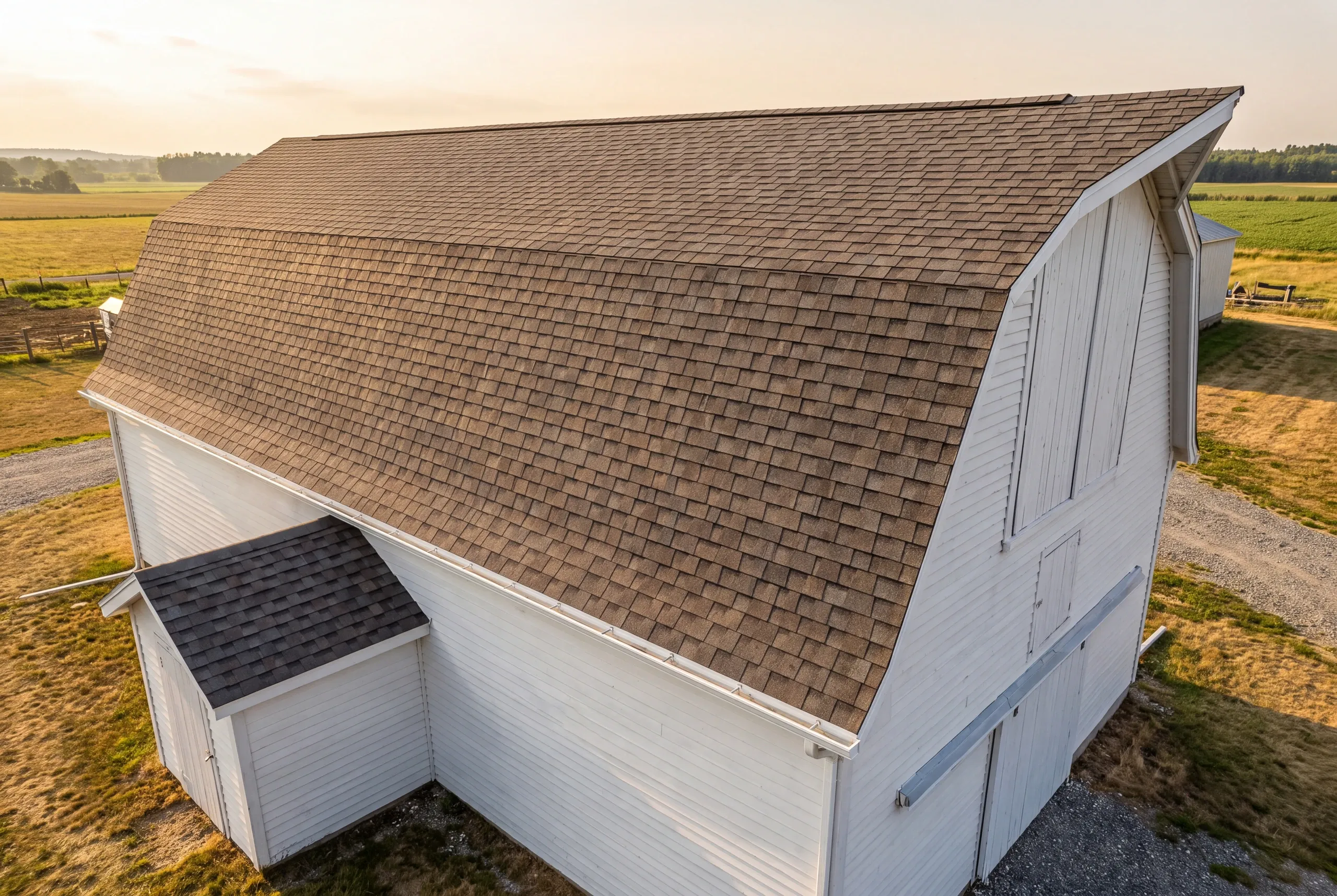 Wind-driven snow drifted against a roof plane on a Sidney farm lot