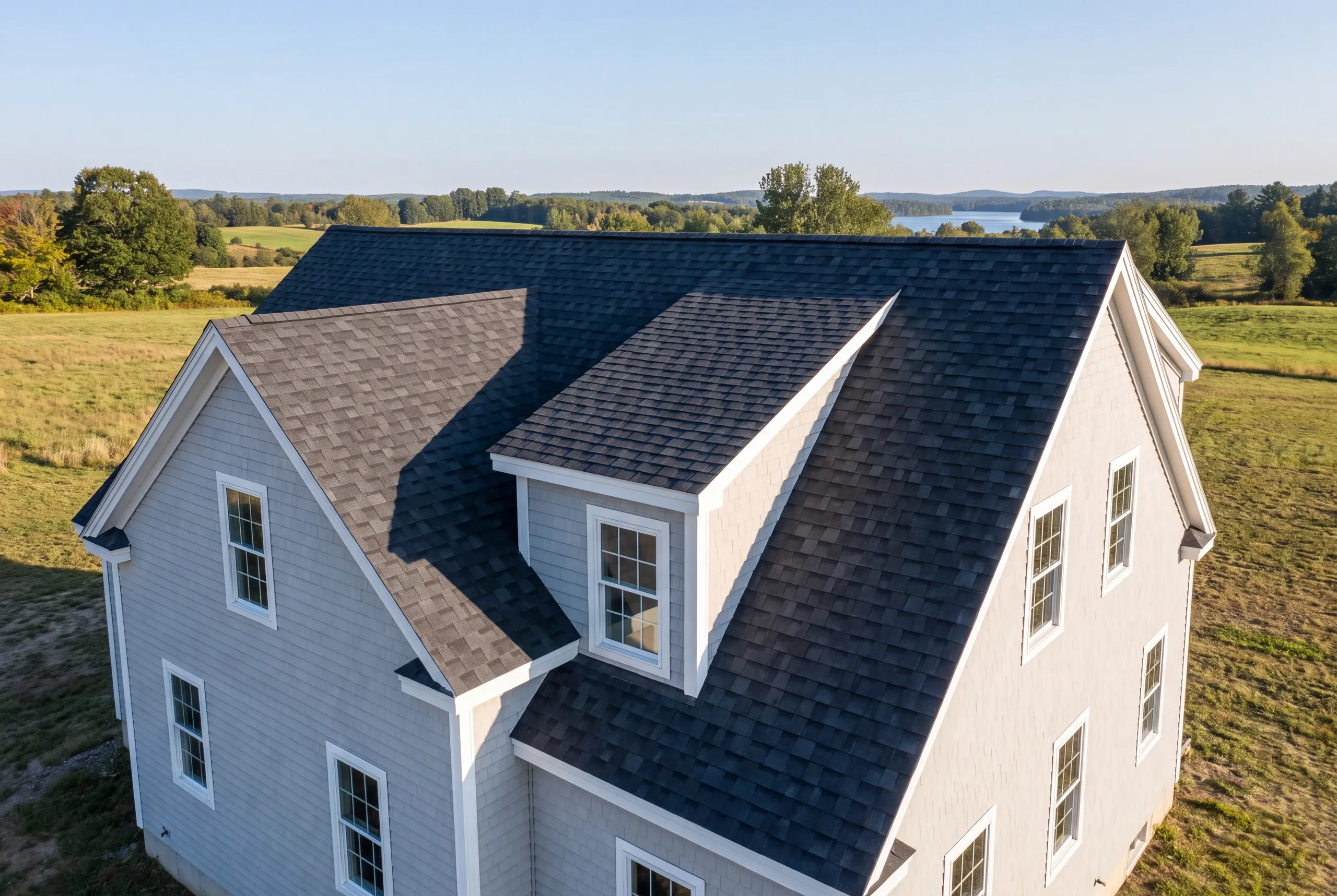 Finished roof on a Sidney home between farmland and the lake