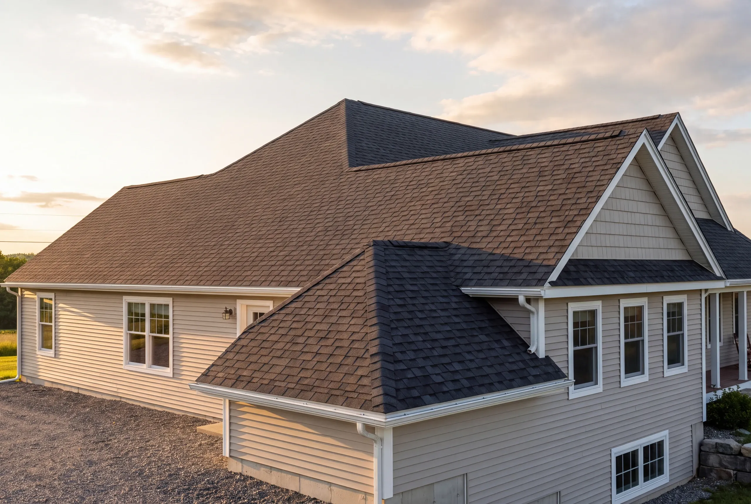 Finished roof, eaves and new gutter line on a Sidney home seen from the driveway