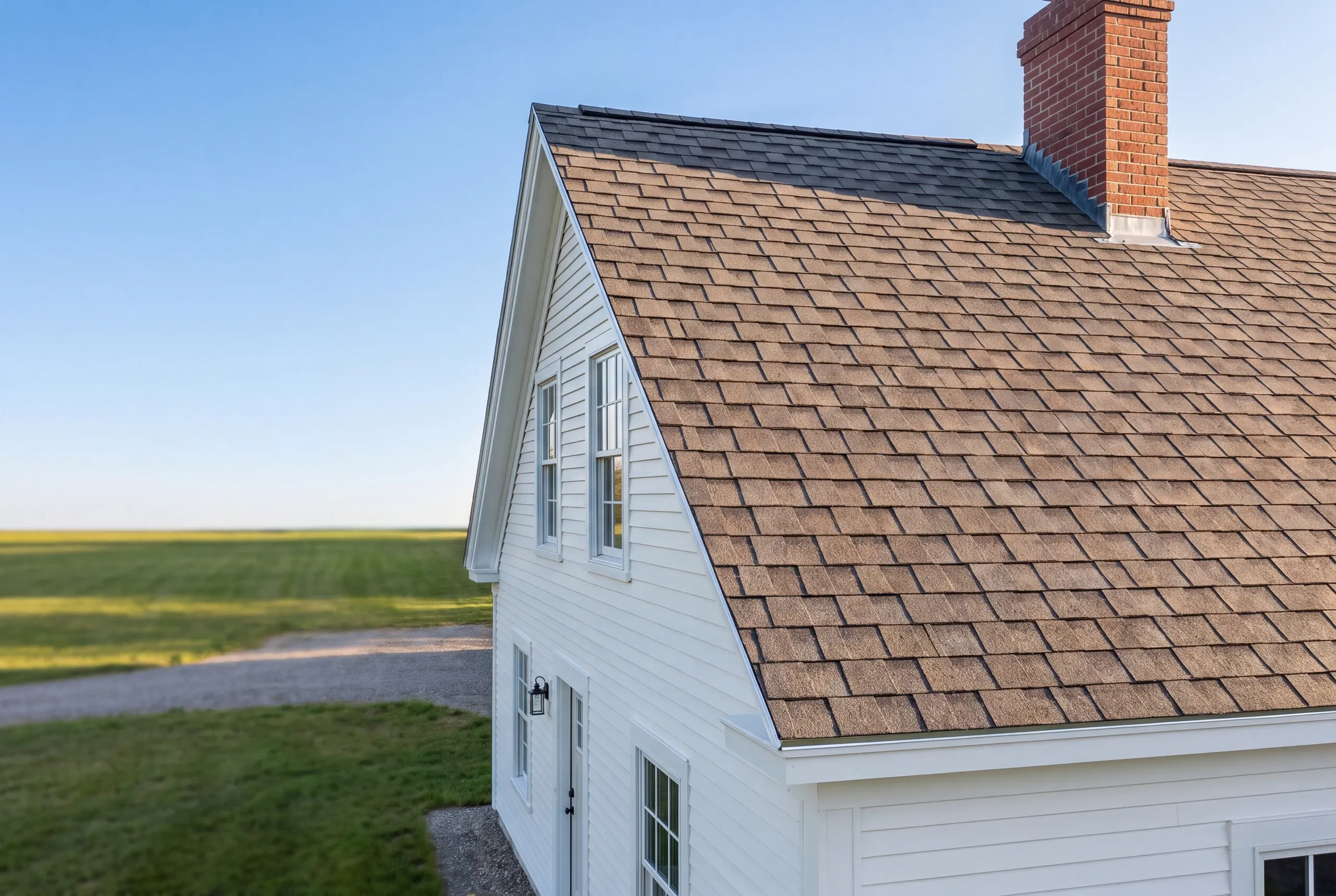 Finished architectural shingle roof on a Sidney, Maine home, wide view