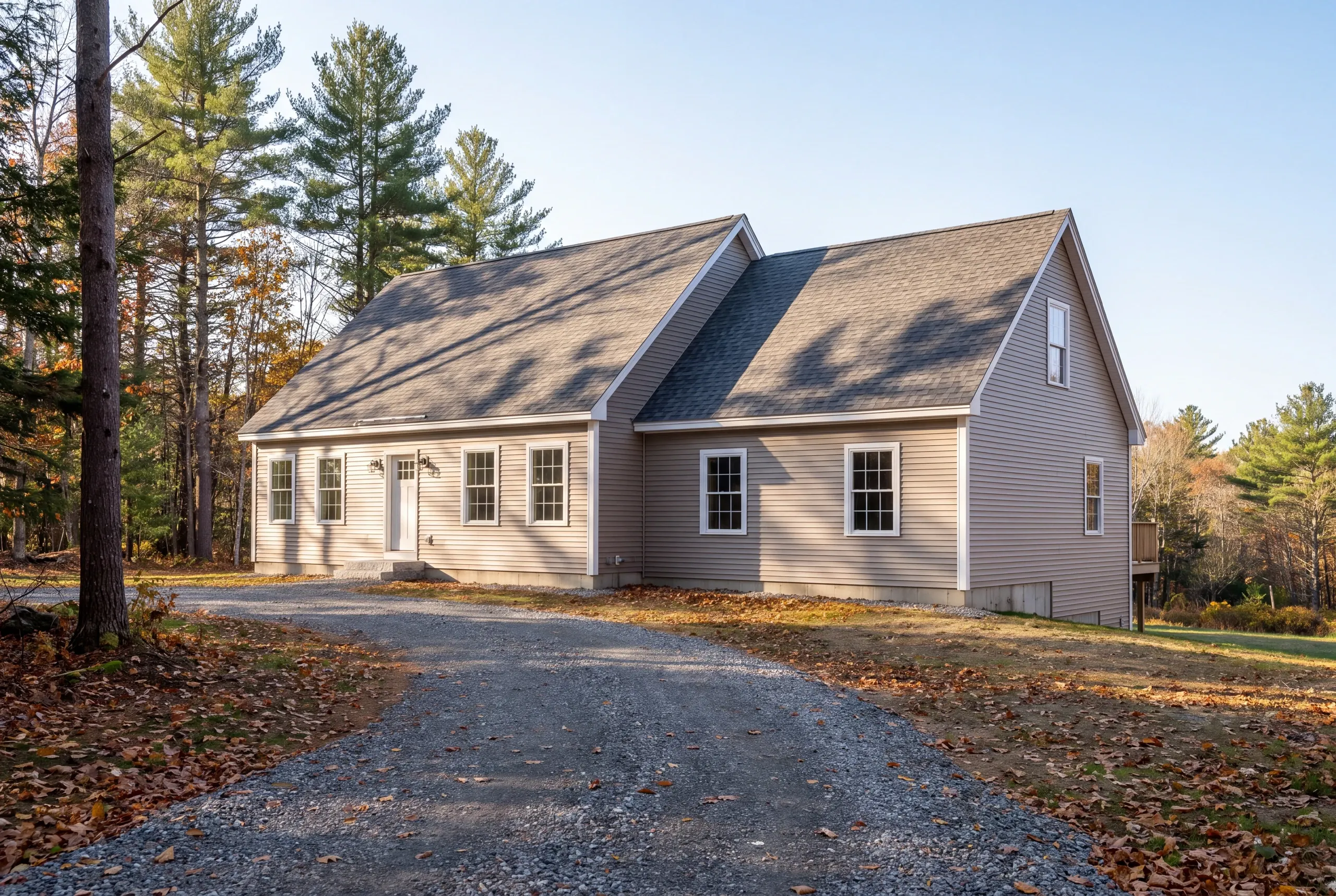 Roofing contractor Vassalboro, ME staging a dumpster at the end of a long rural driveway