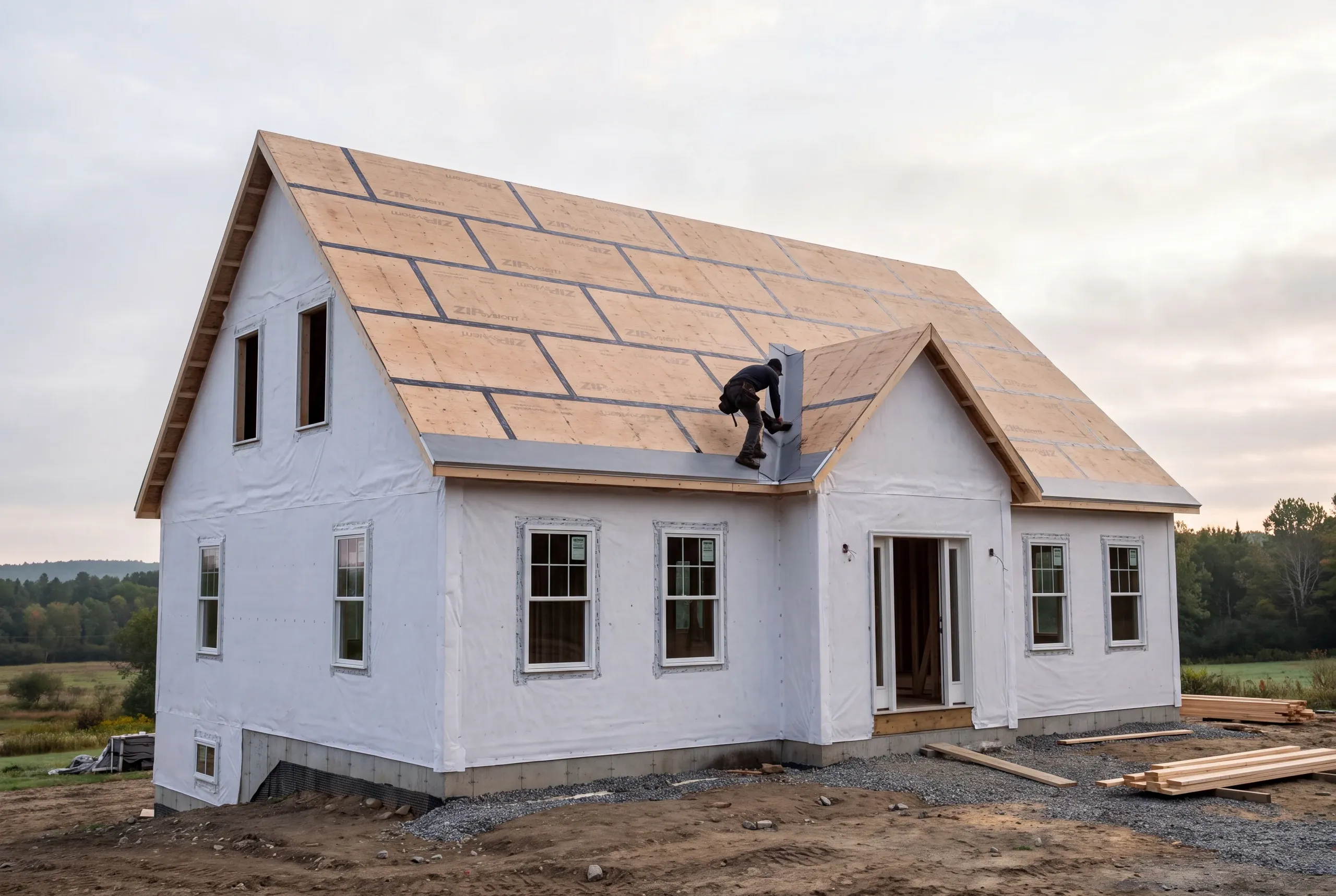 Roofer working a valley on a Vassalboro farmhouse