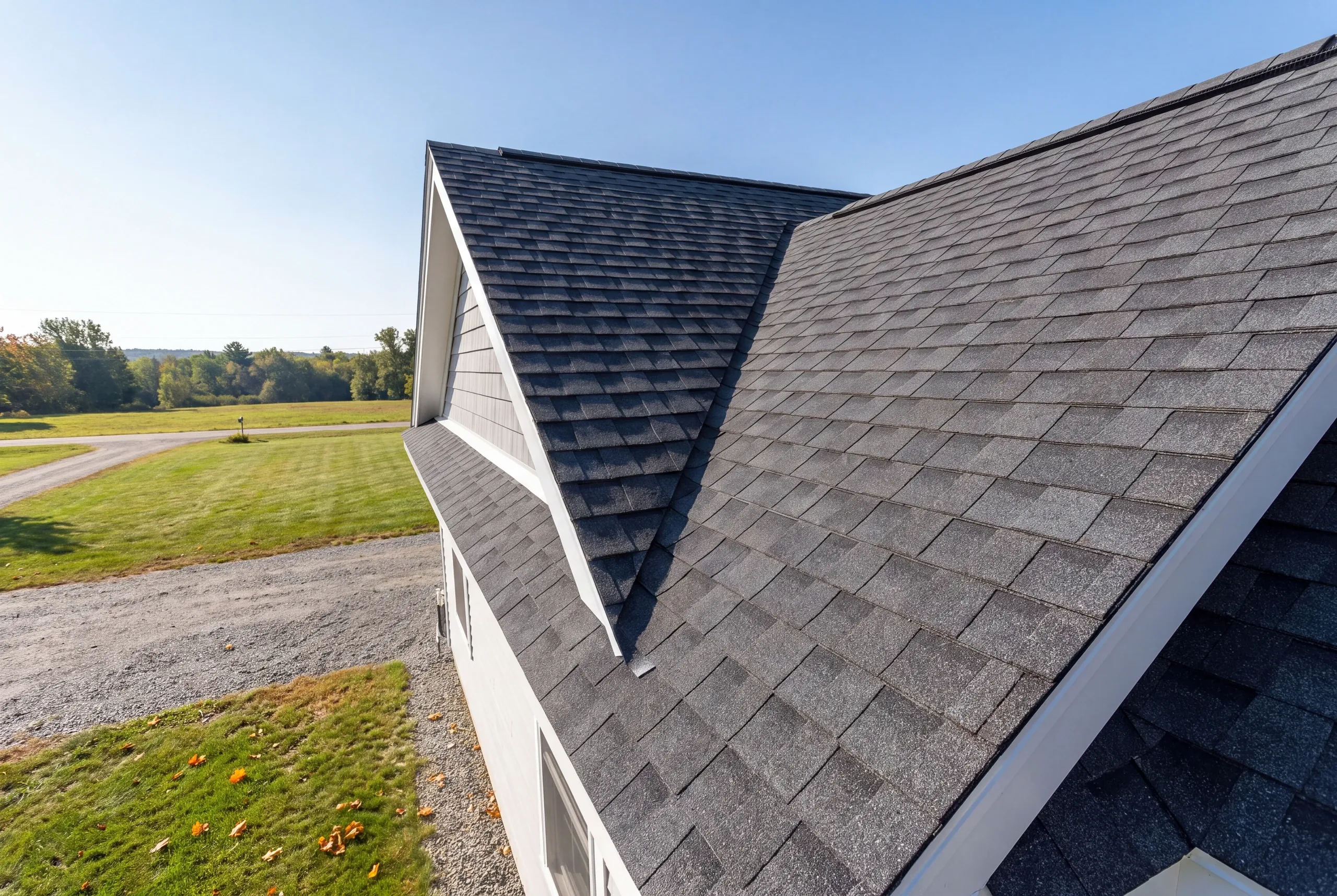 Finished architectural shingle roof on a Vassalboro, Maine home, wide view
