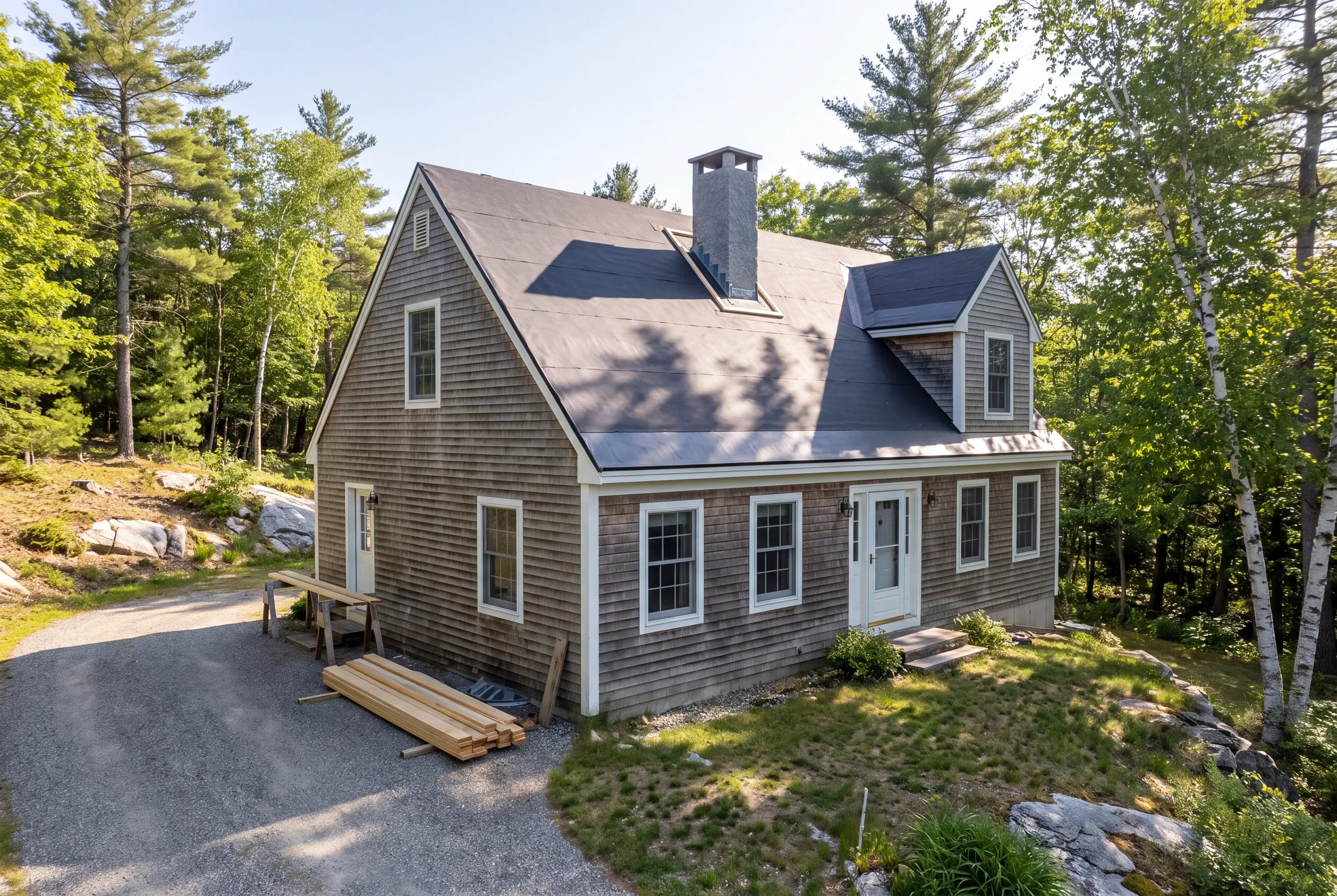 Roofing contractor Vienna, ME rebuilding step flashing at a chimney