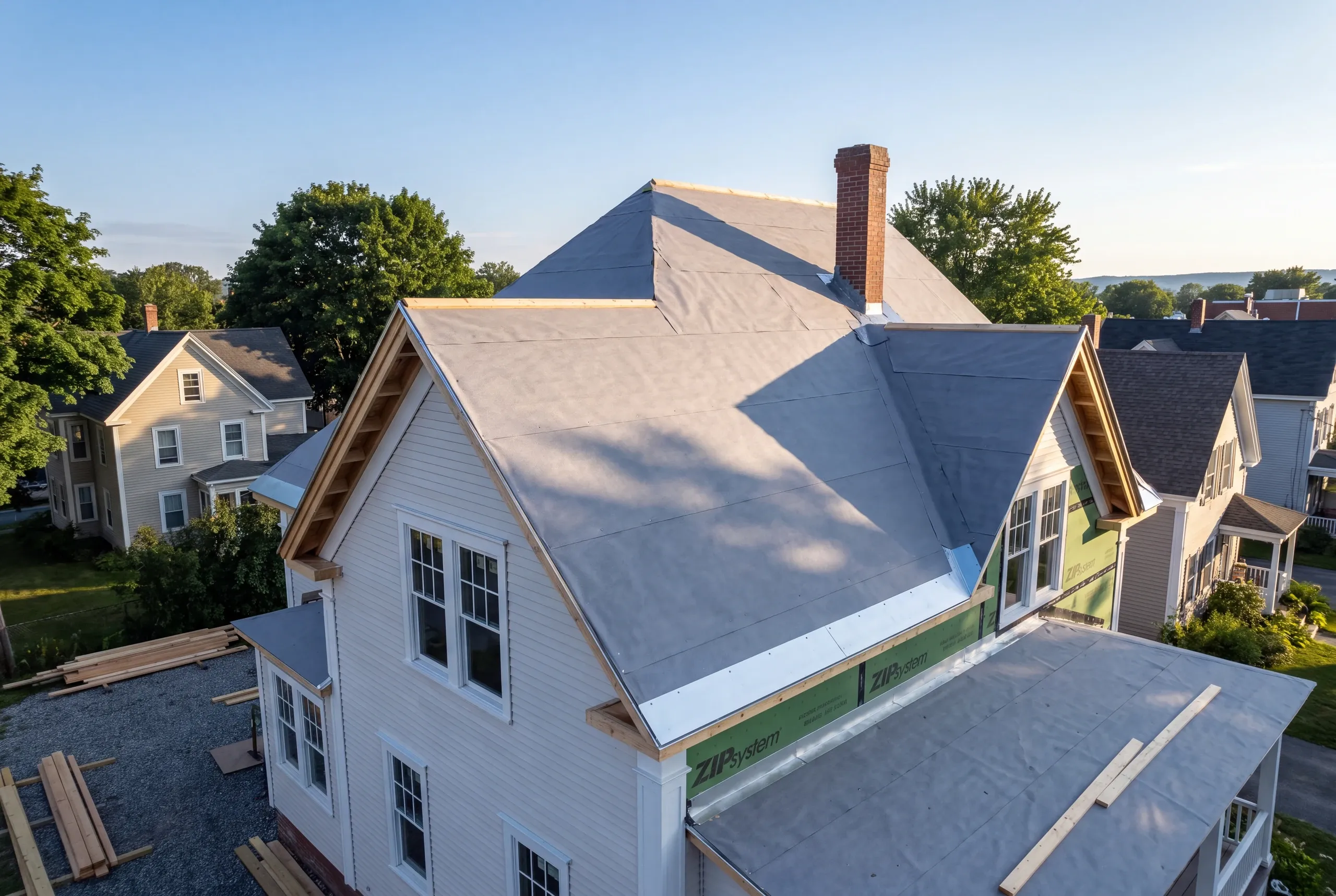 Steep Victorian roof being reshingled in a Waterville neighborhood