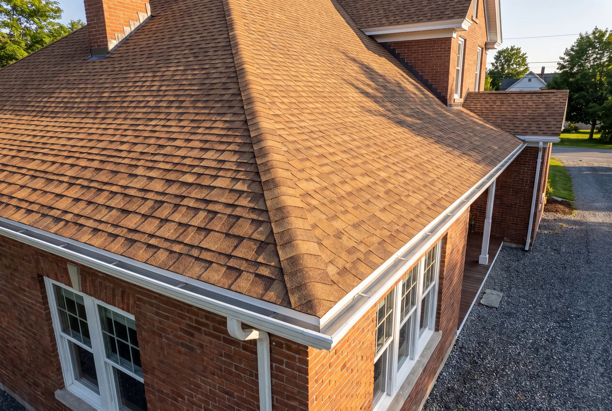Finished roof, eaves and new gutter line on a Waterville home seen from the driveway