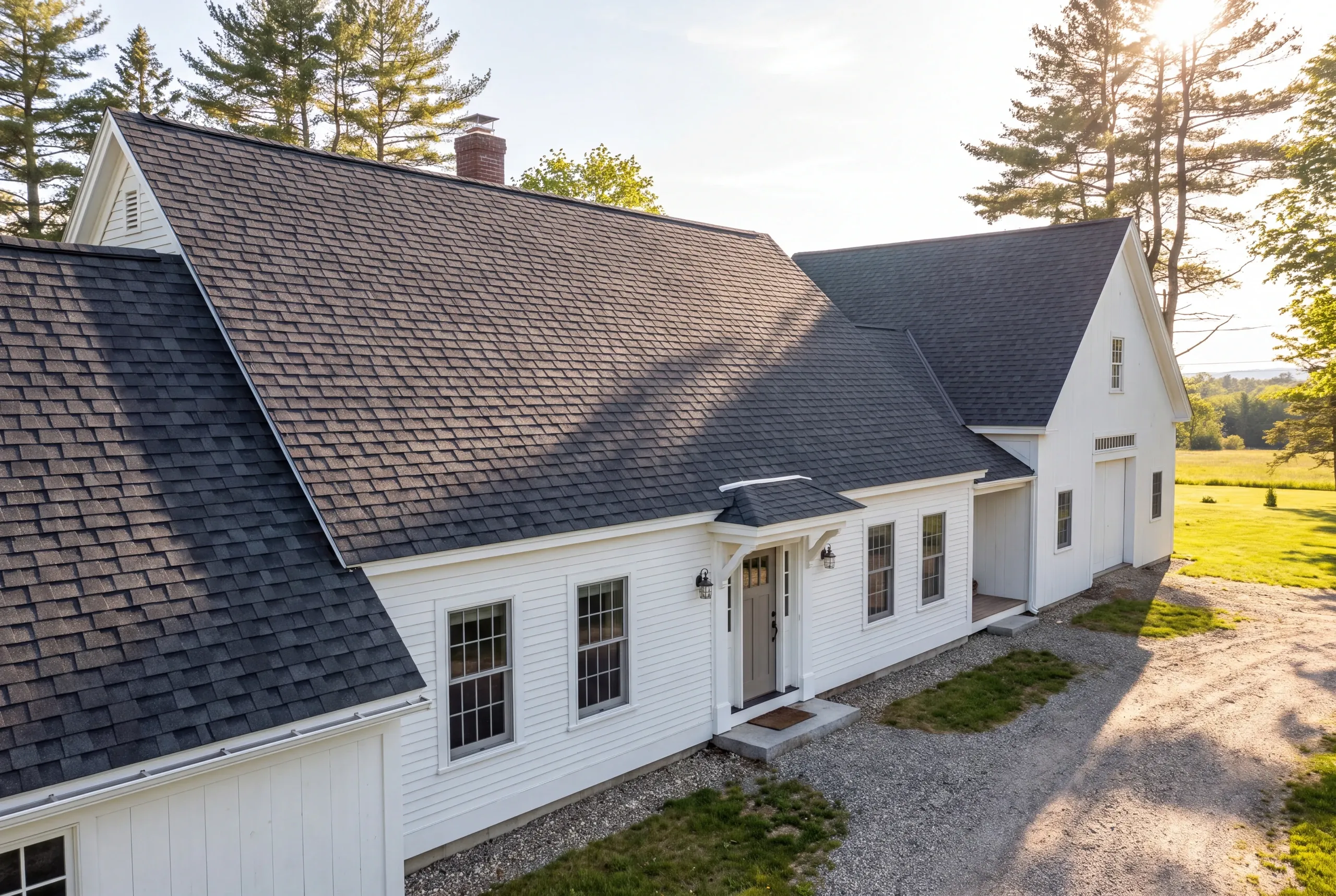 Roofing contractor Whitefield, ME working the valleys of a connected farmhouse