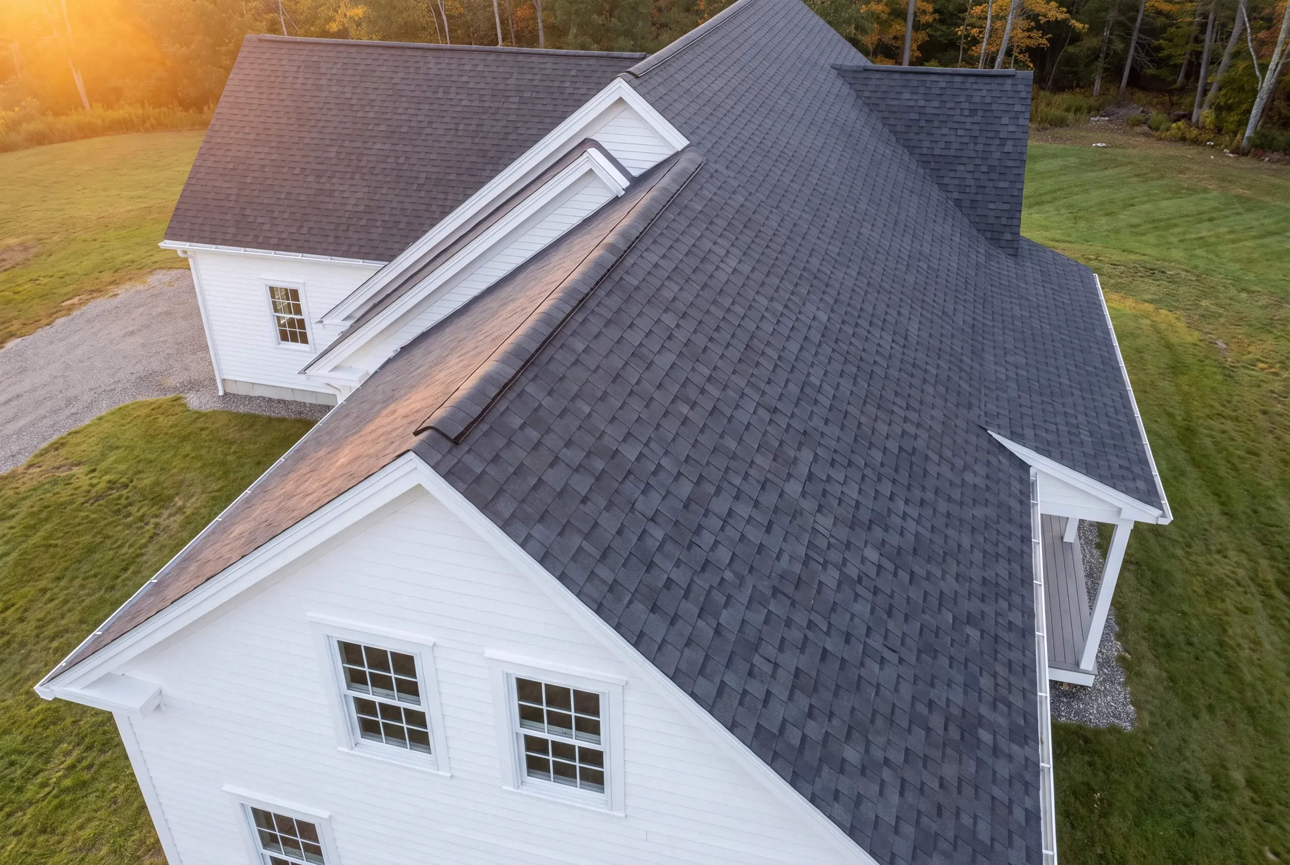 Connected farmhouse and ell rooflines in Whitefield