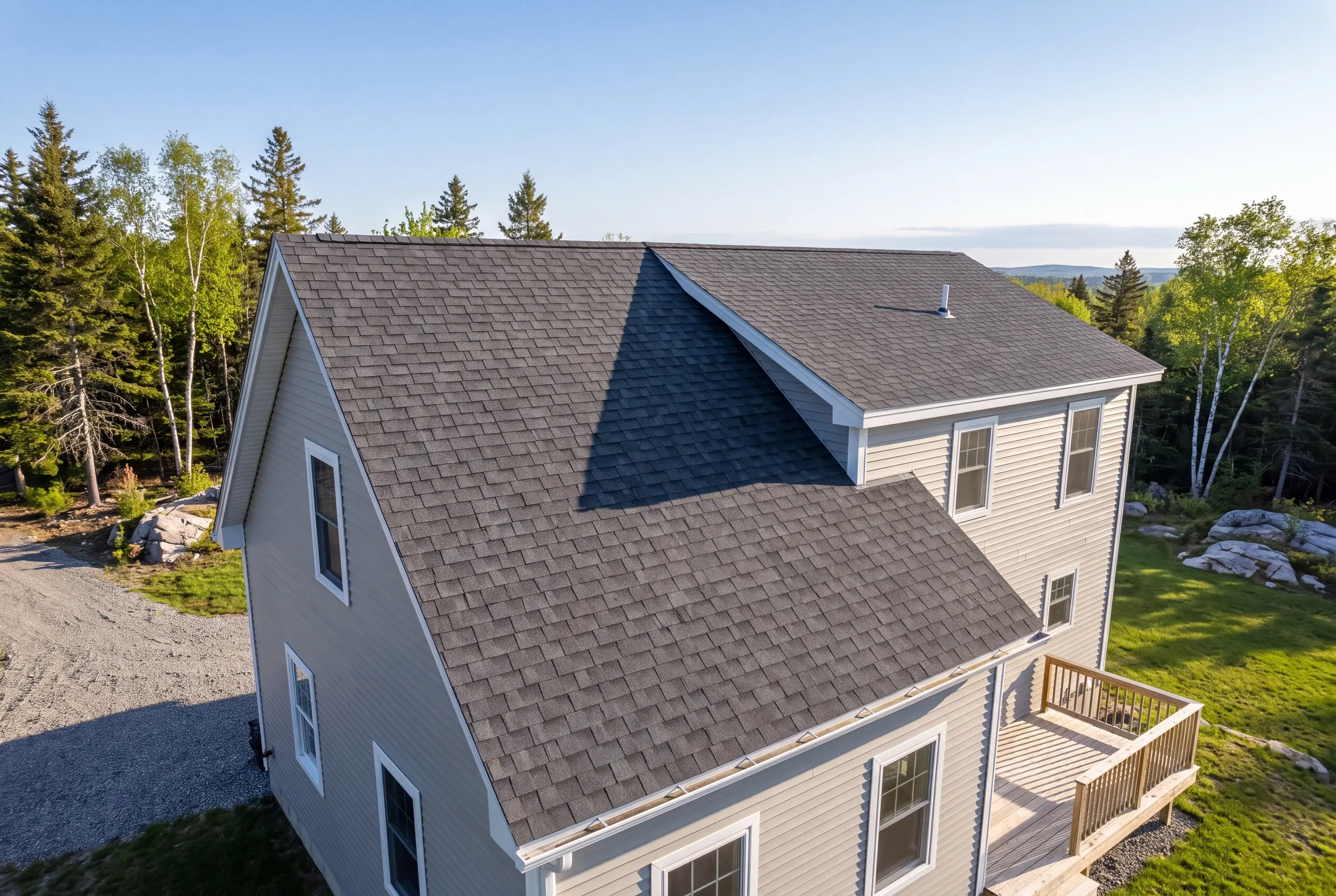 Snow piled where two Whitefield rooflines meet