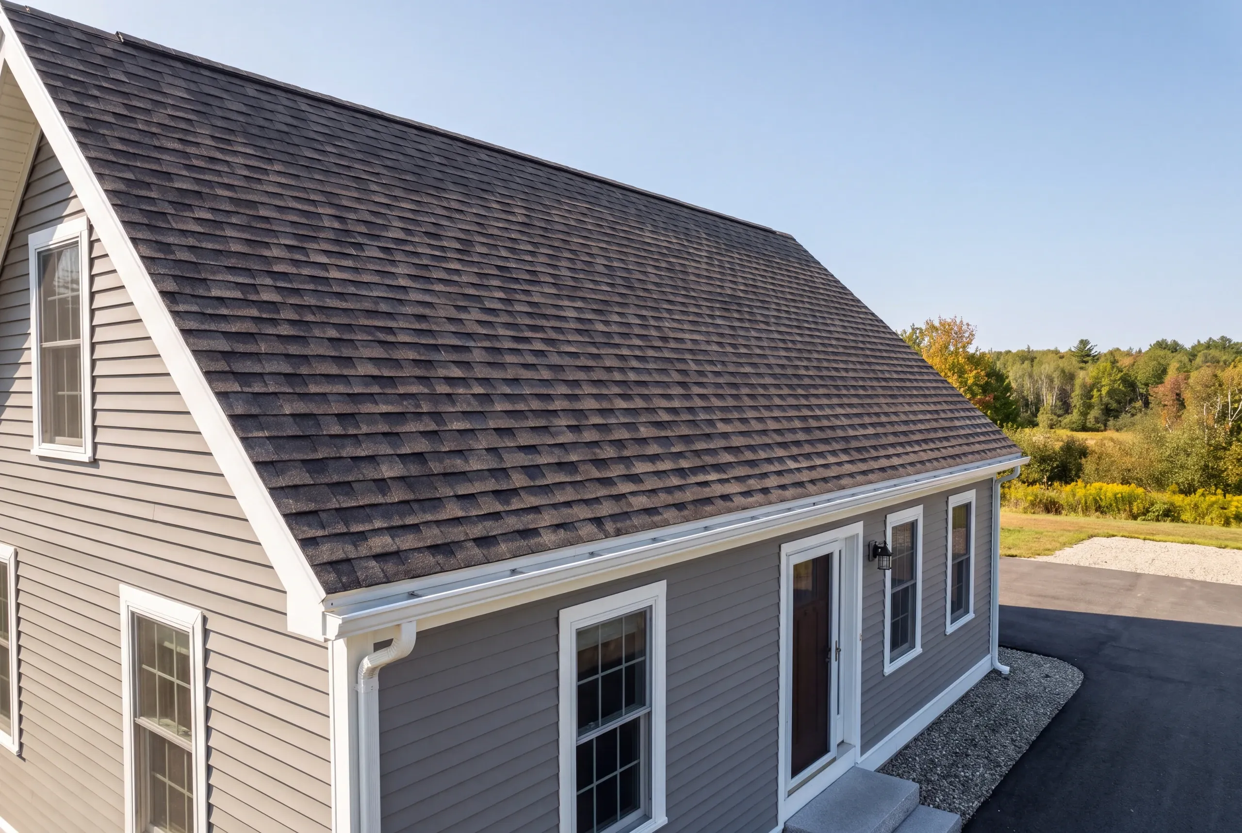 Finished roof, eaves and new gutter line on a Whitefield home seen from the driveway