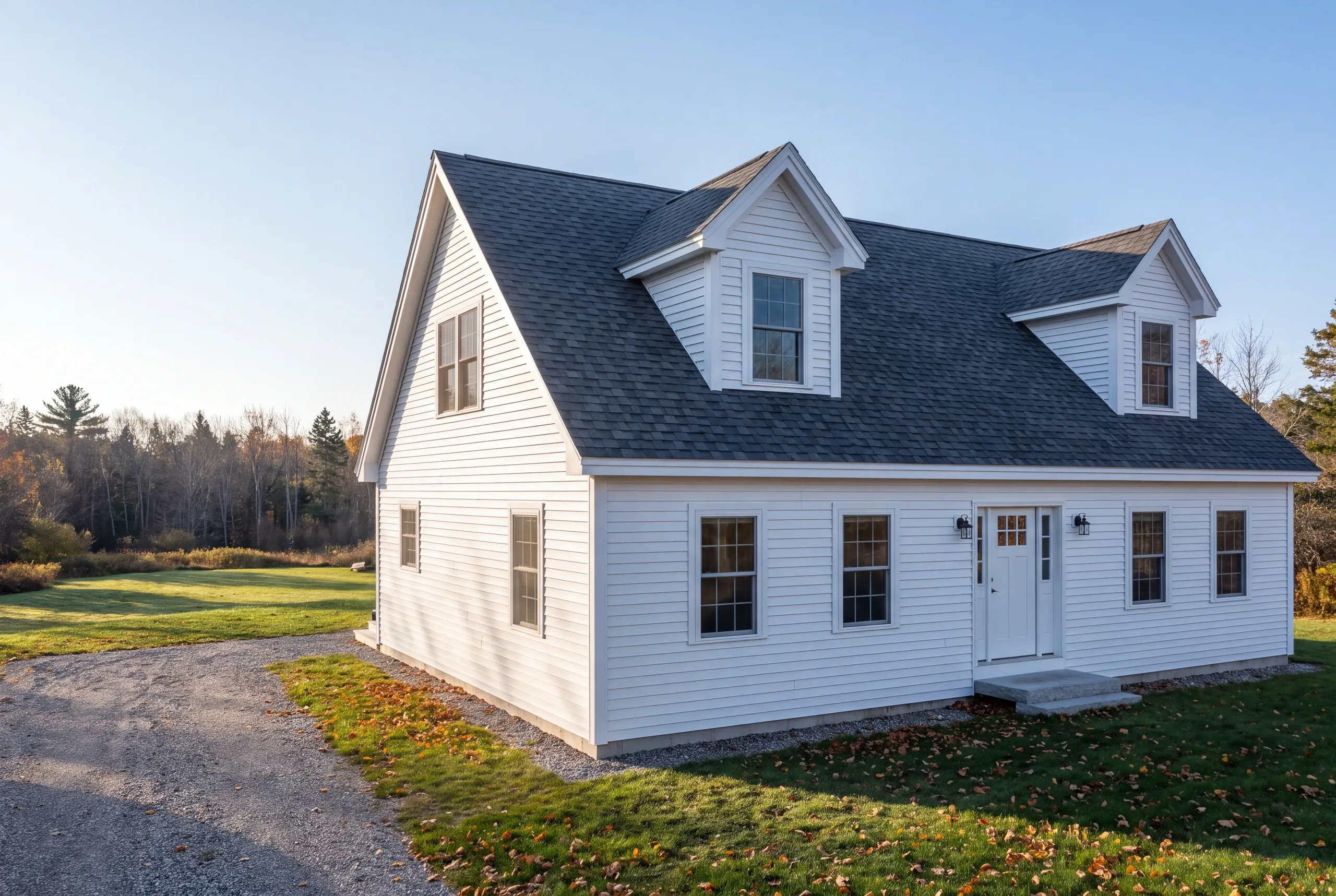 Finished architectural shingle roof on a Whitefield, Maine home, wide view