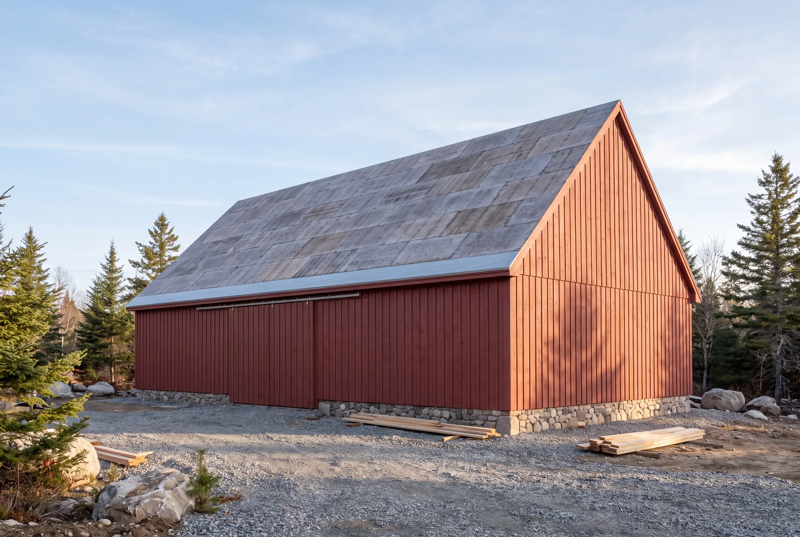 Roofing contractor Windsor, ME installing metal panel on a farm outbuilding