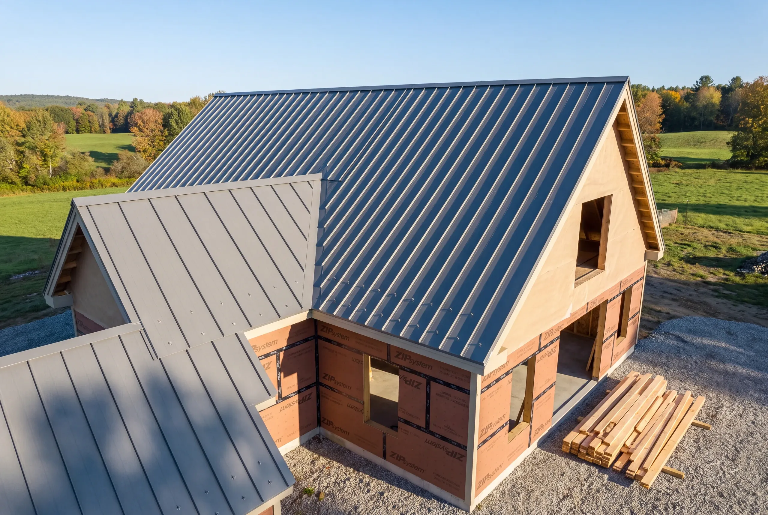 Exposed-fastener metal panel detail on a Windsor barn roof