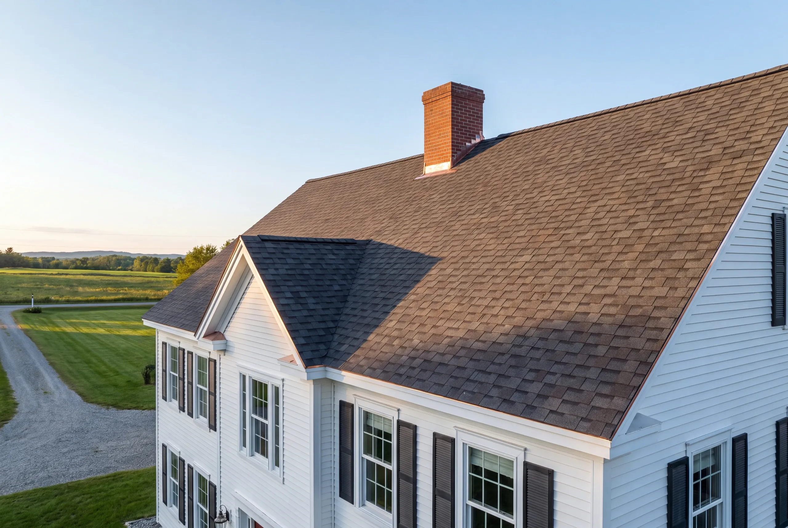 Finished architectural shingle roof on a Windsor, Maine home, wide view
