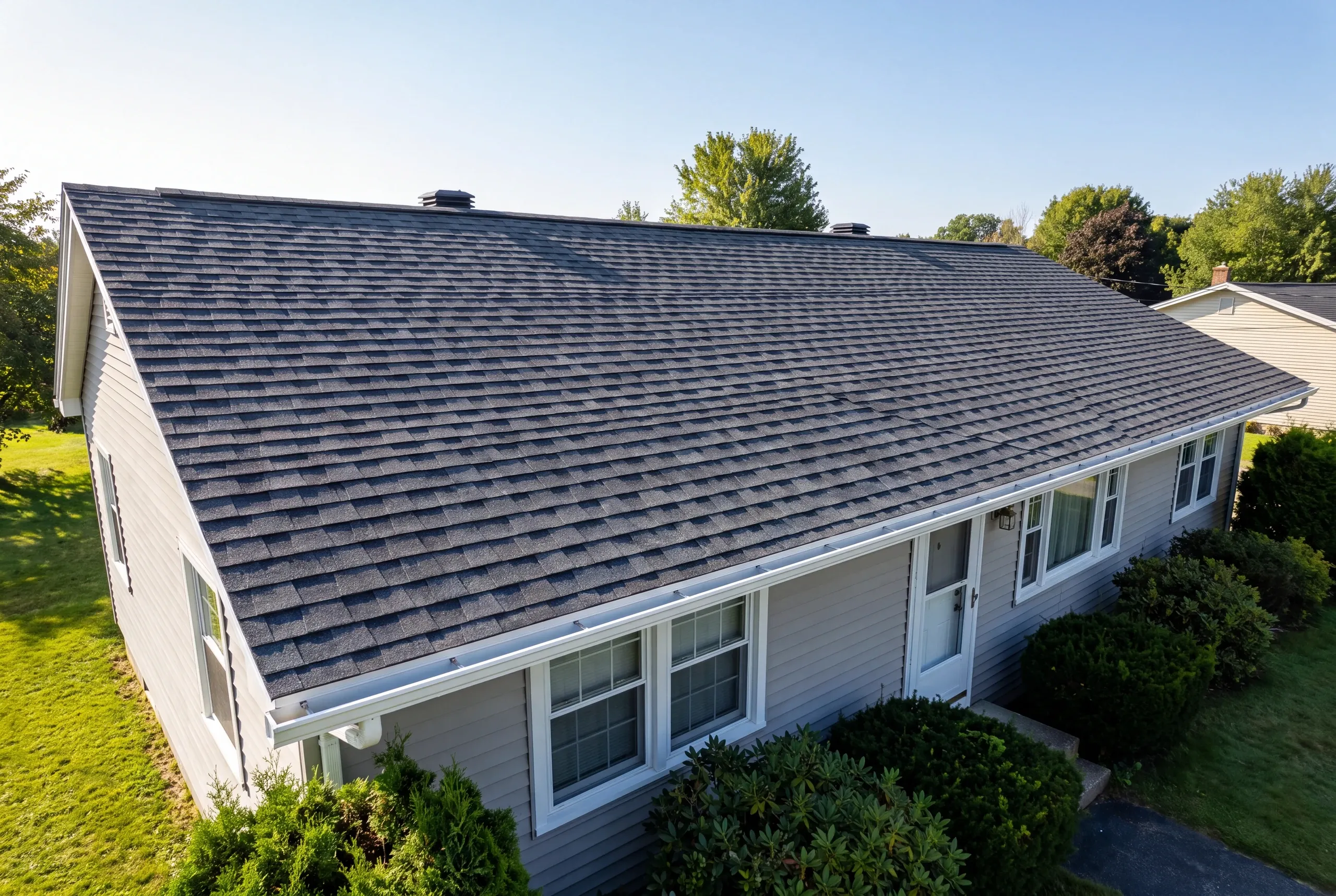 Roofing contractor Winslow, ME working on a low-slope postwar ranch roof