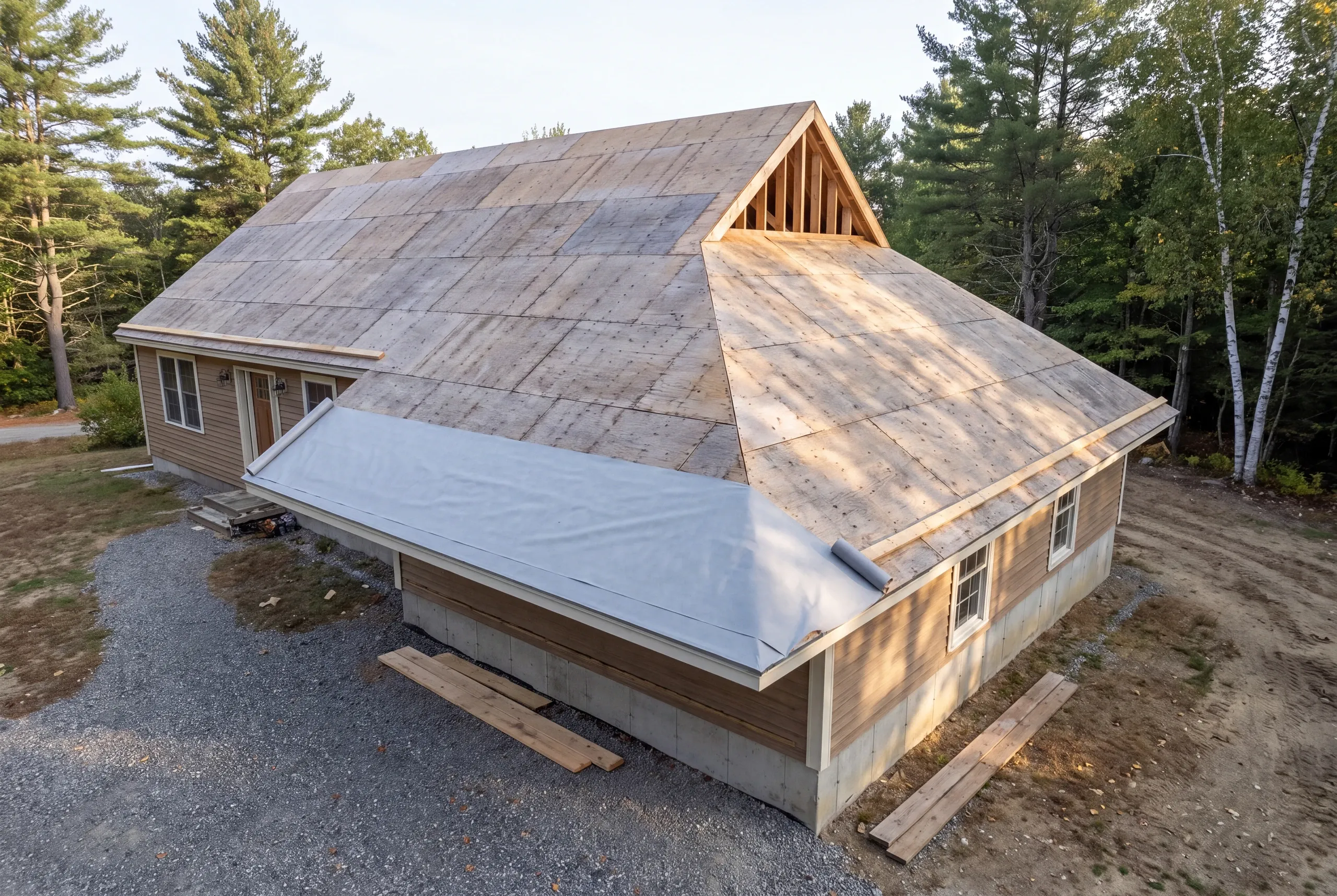 Ice barrier being rolled across the full lower field of a Winslow roof