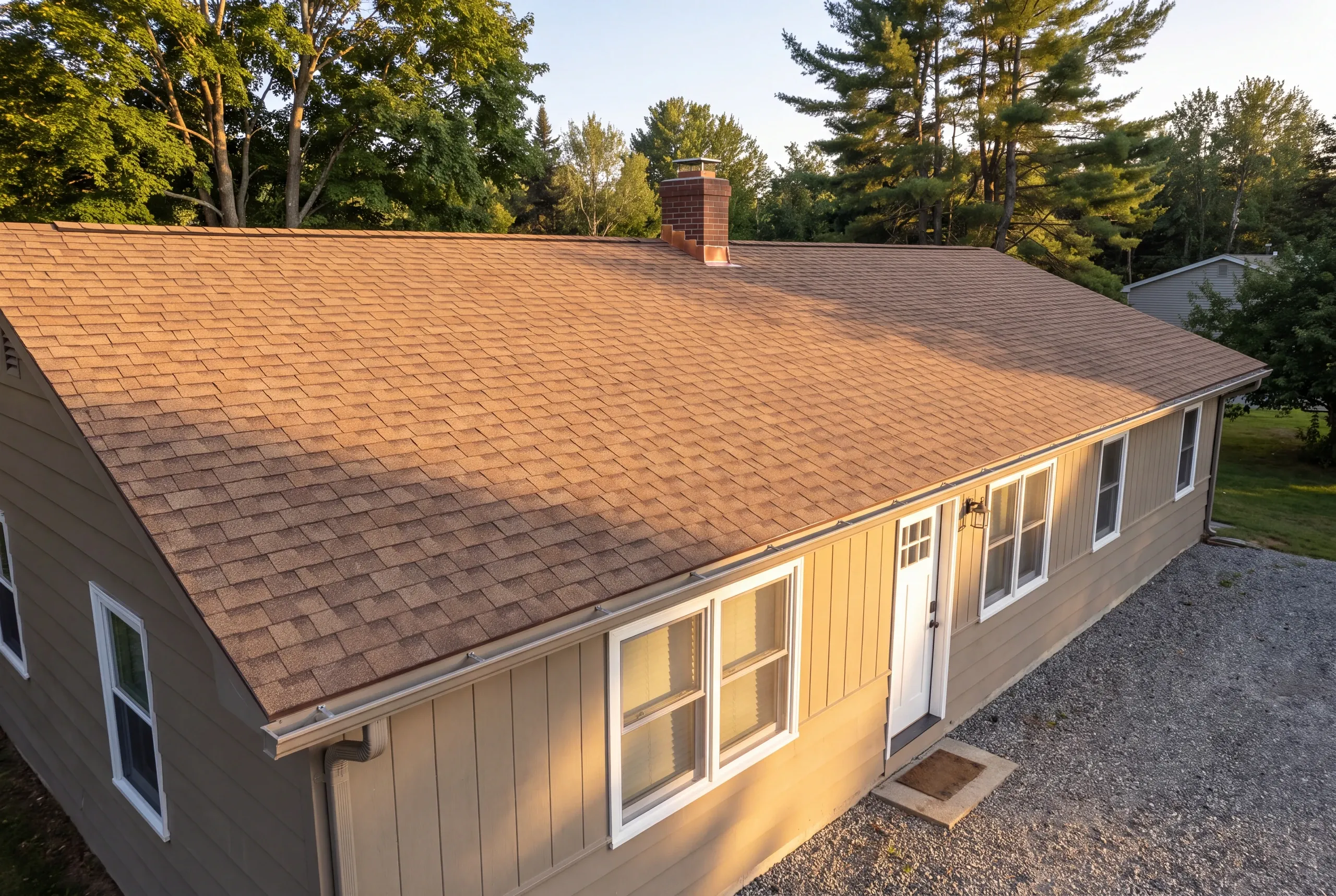 Finished roof, eaves and new gutter line on a Winslow home seen from the driveway