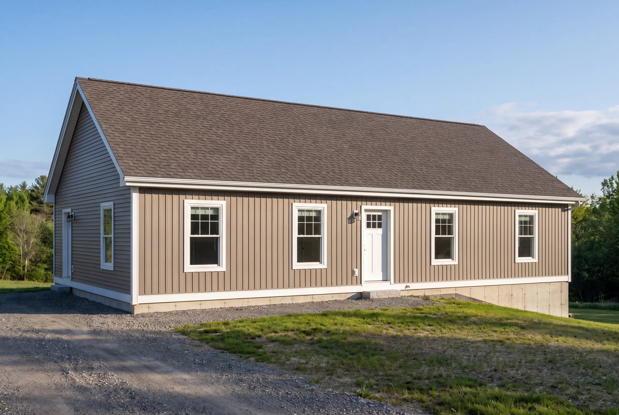 Finished architectural shingle roof on a Winslow, Maine home, wide view