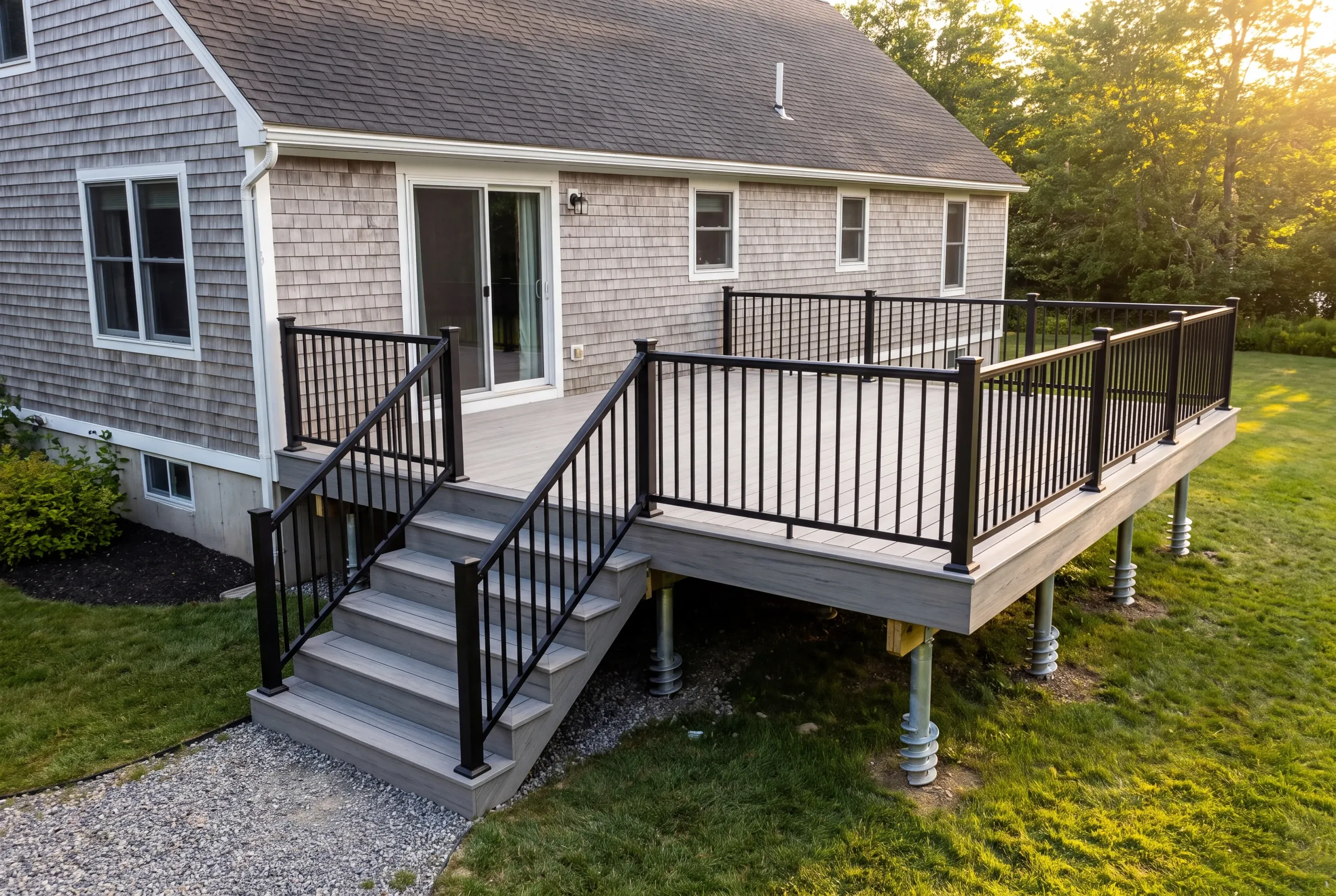 A completed deck and railing on a Central Maine home
