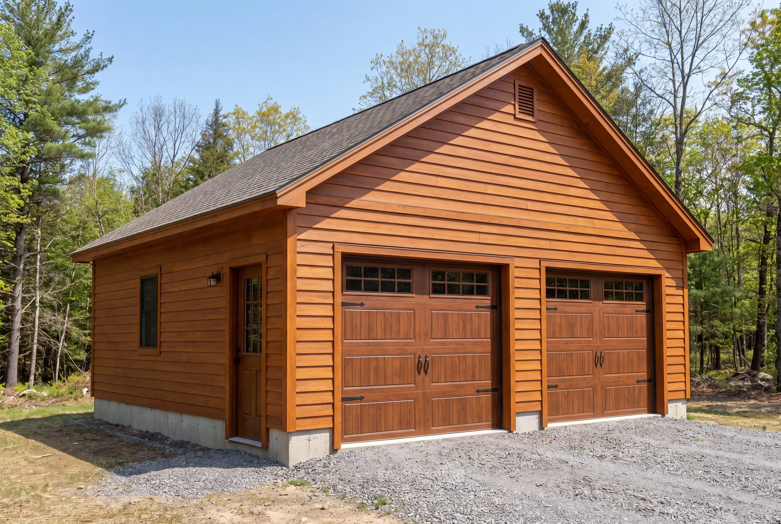 A completed detached garage on a Central Maine property