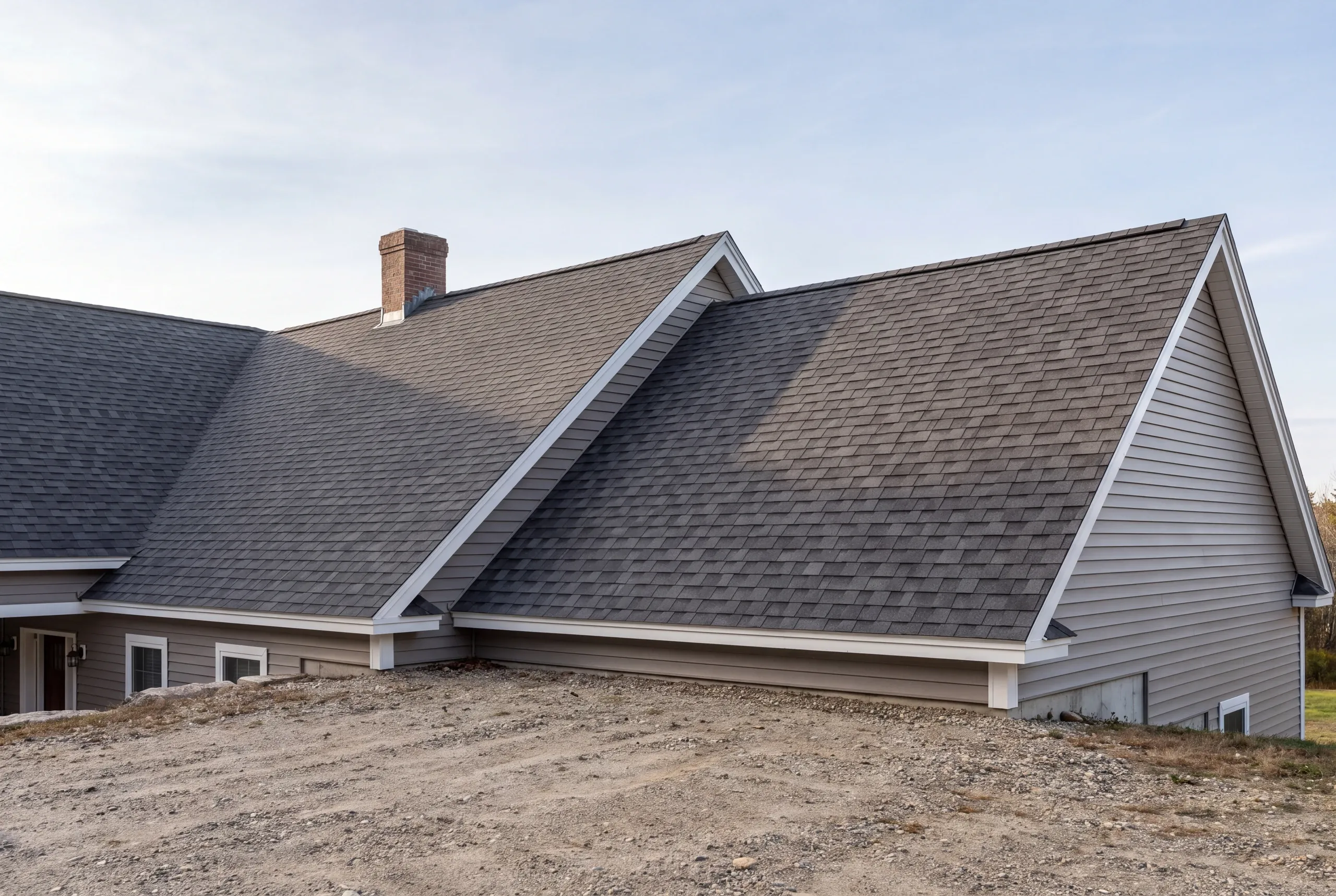 A completed architectural shingle roof on a Central Maine home
