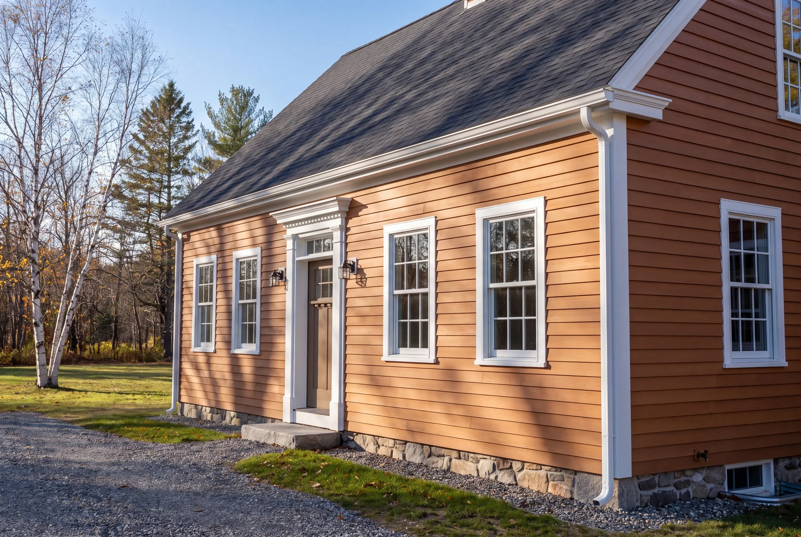 Finished cedar siding on an 18th century Alna farmhouse