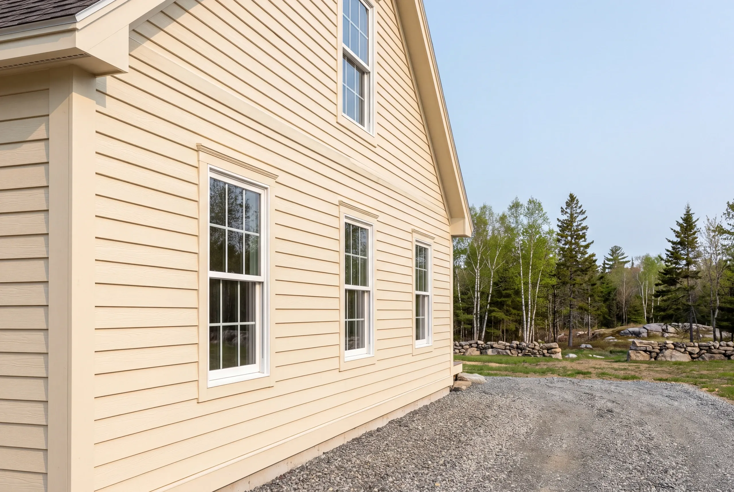 Finished siding, corner boards and window trim along the side of an Alna home