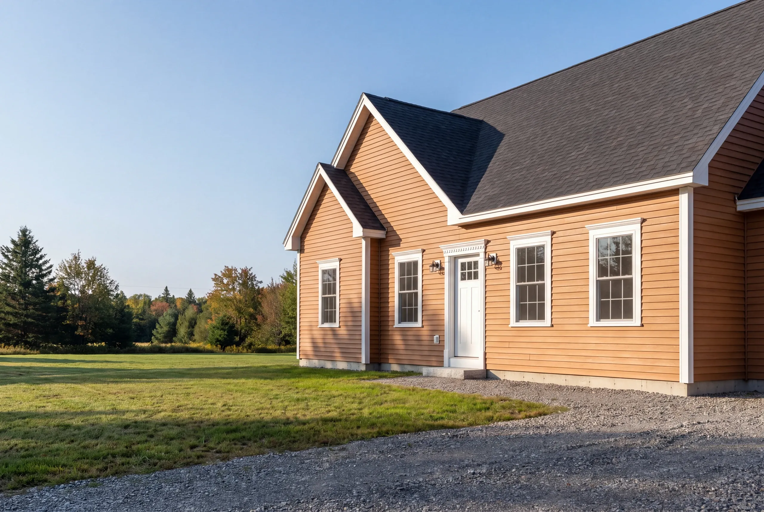 Finished siding and trim on an Alna, Maine home, wide view