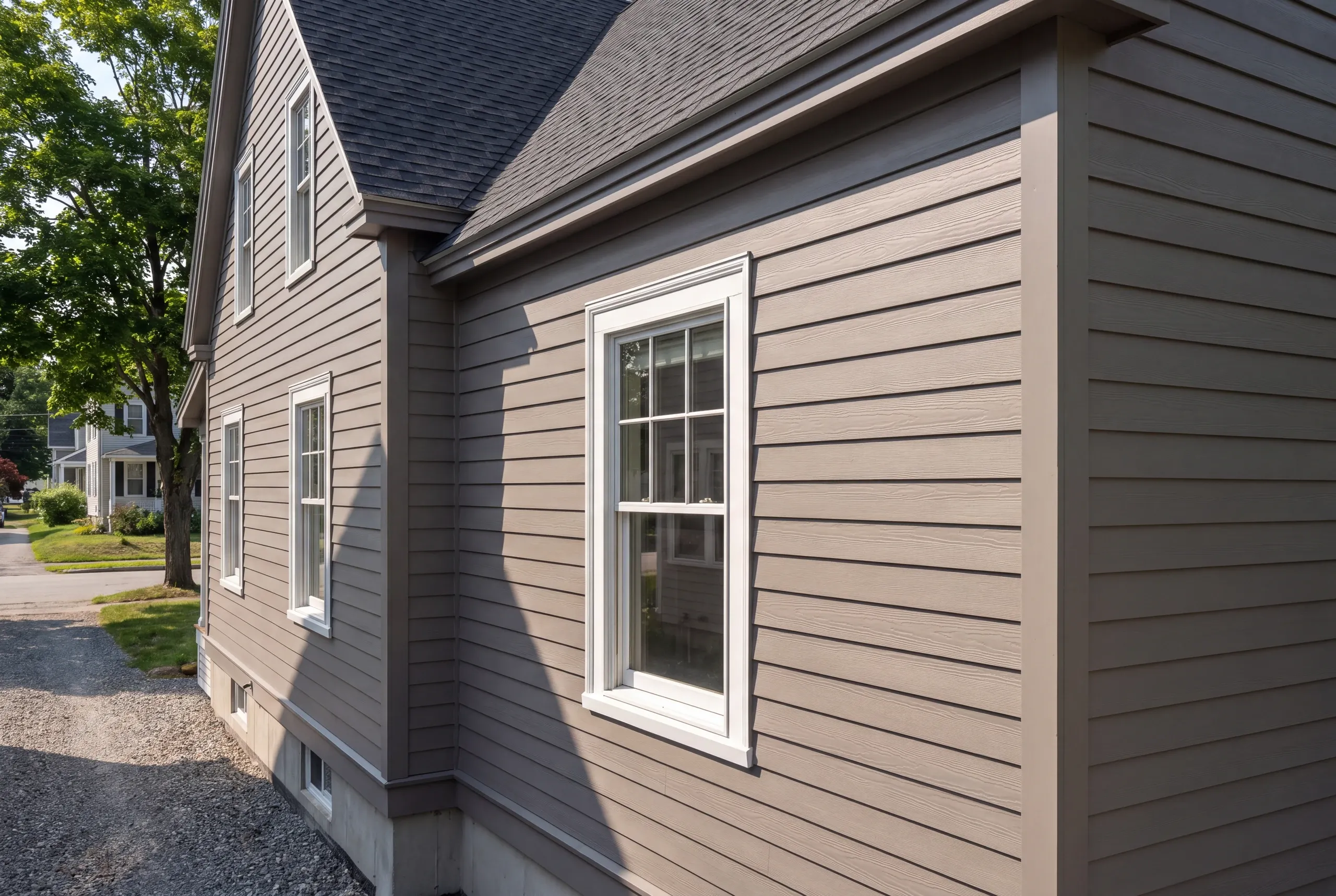 Finished siding, corner boards and window trim along the side of an Auburn home
