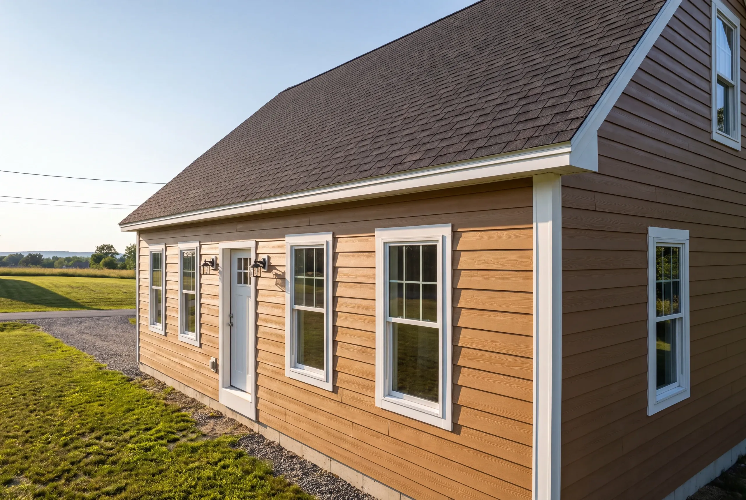 Finished siding and trim on an Auburn, Maine home, wide view
