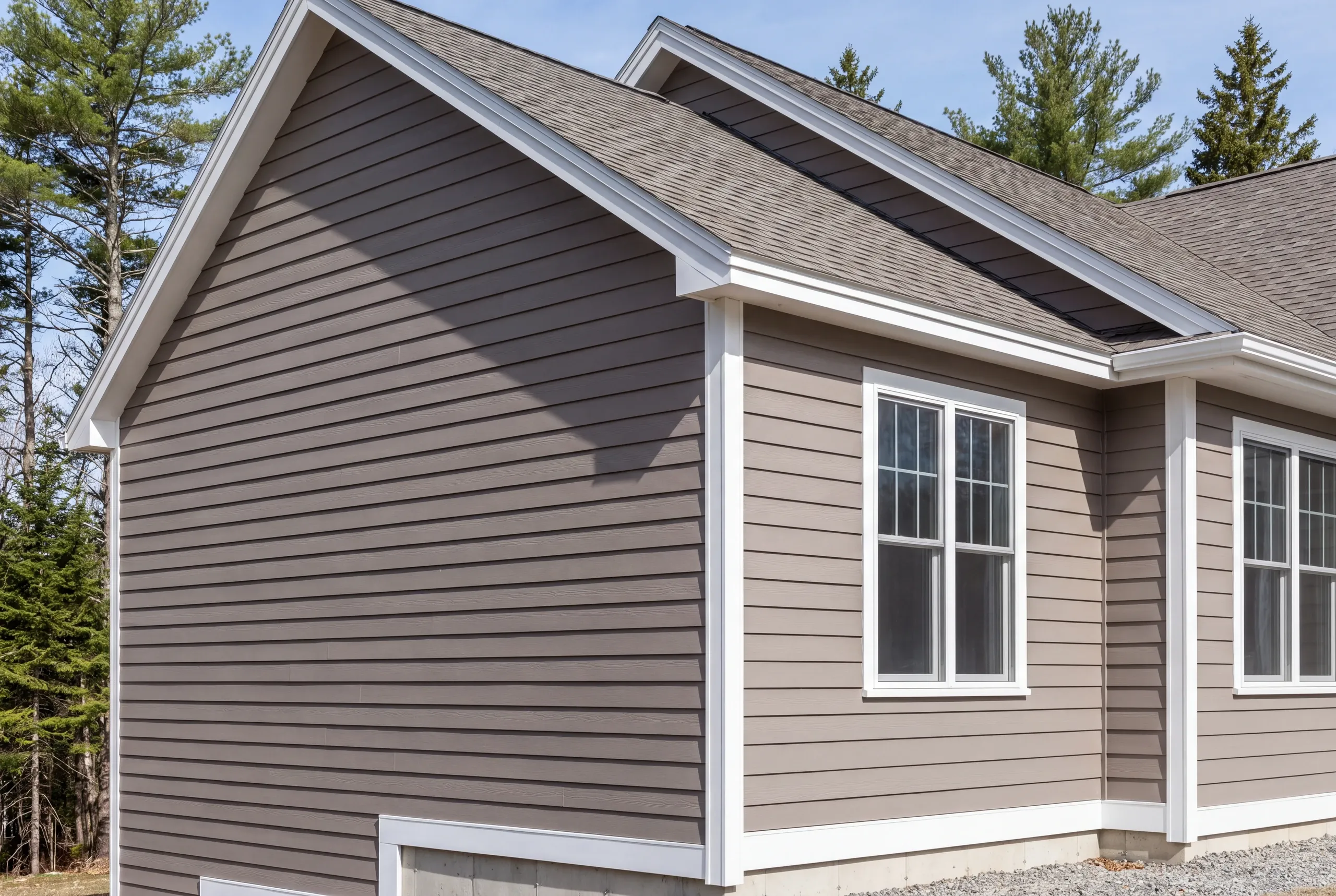 Finished siding, corner boards and window trim along the side of an Augusta home