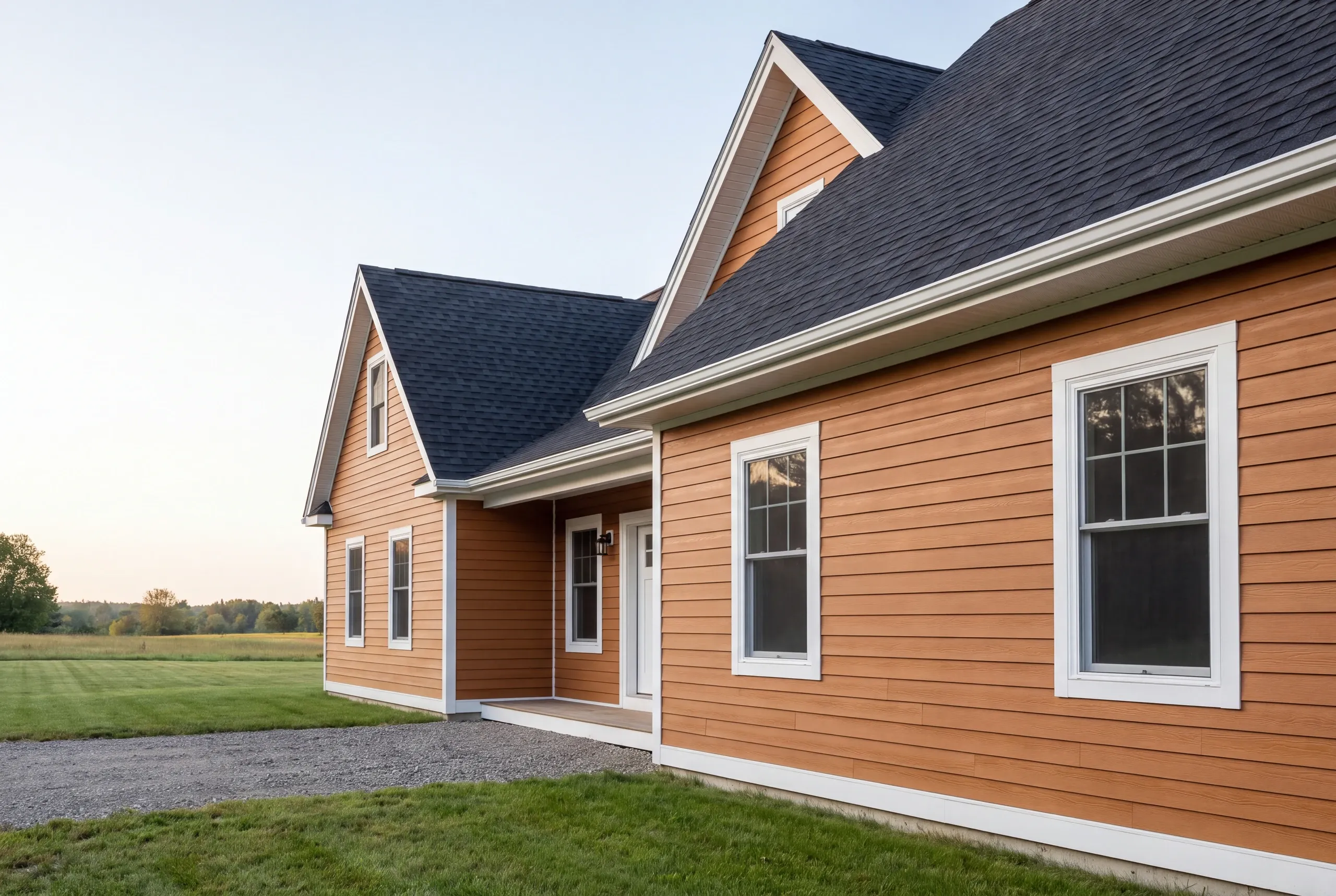 Finished siding and trim on an Augusta, Maine home, wide view