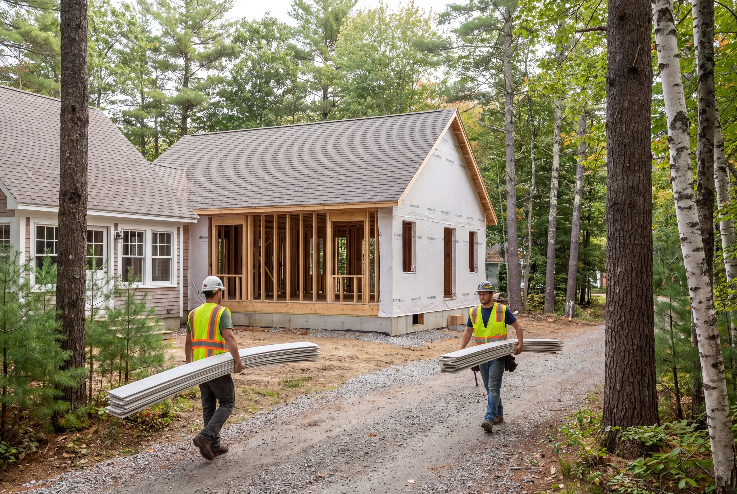 Crew hand-carrying siding down a narrow Belgrade camp road
