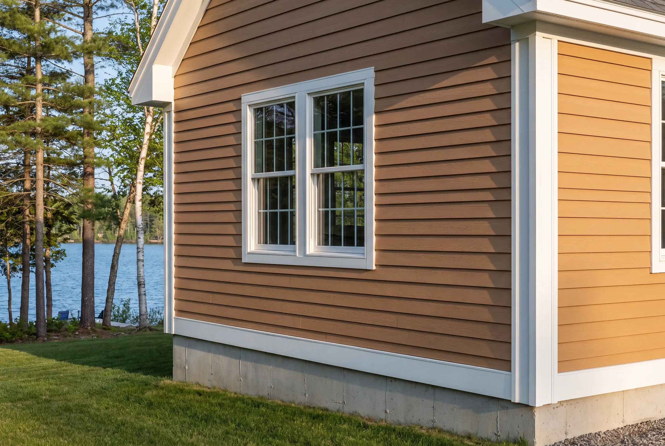 Finished siding, corner boards and window trim along the side of a Belgrade home