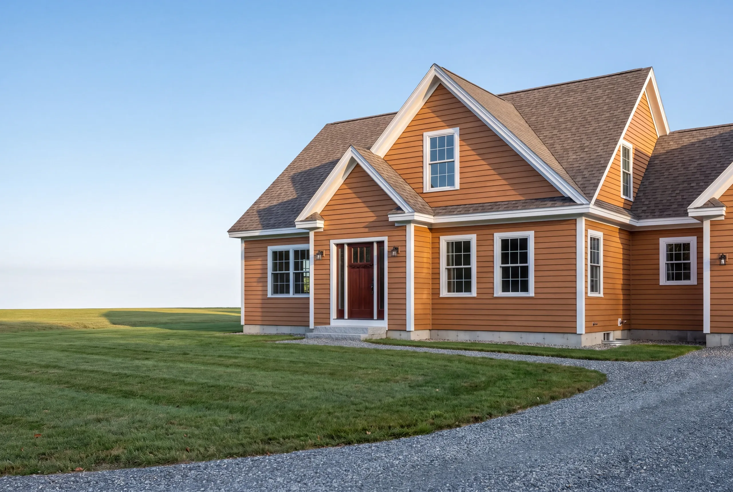 Finished siding and trim on a Belgrade, Maine home, wide view