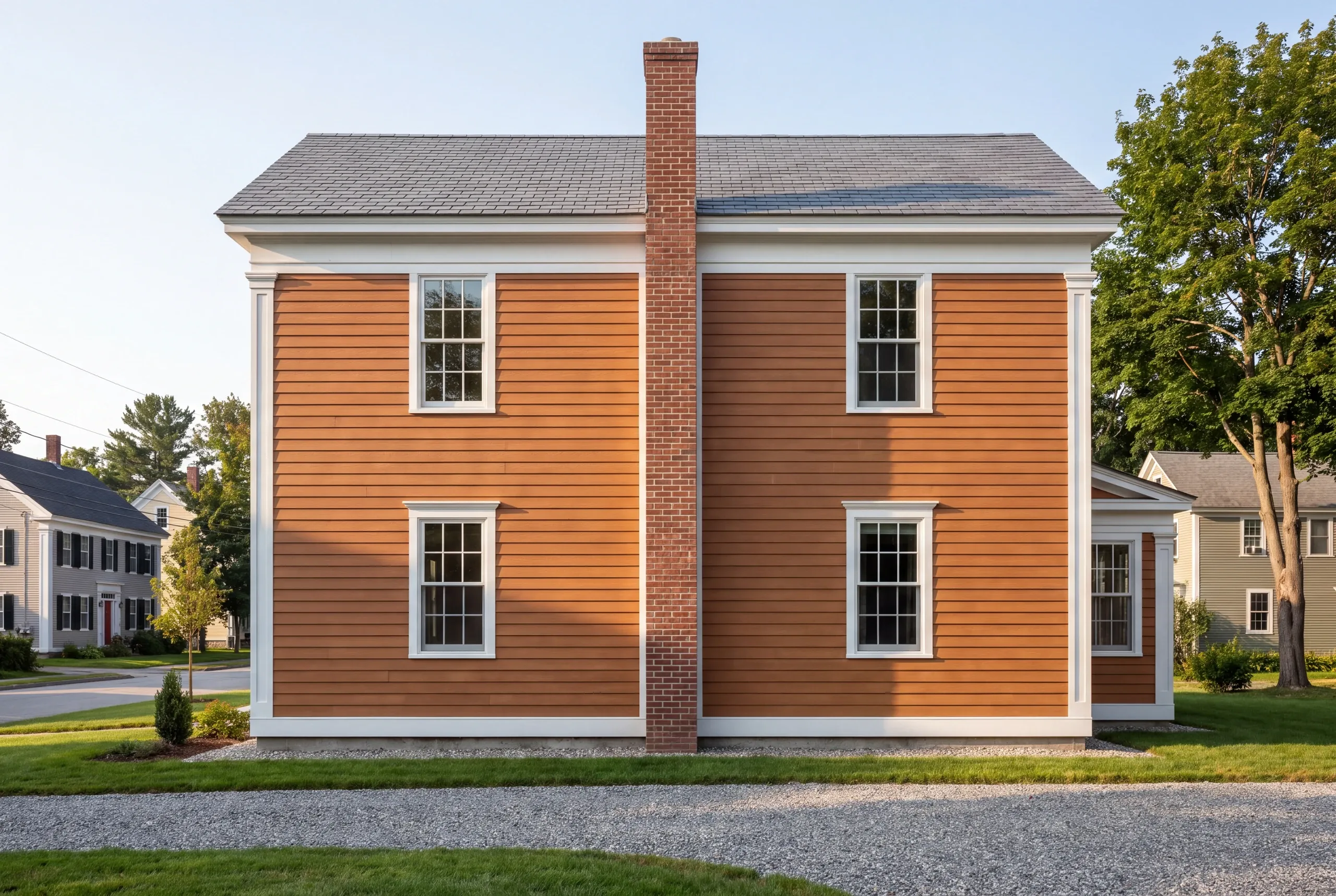 Finished siding, corner boards and window trim along the side of a Brunswick home