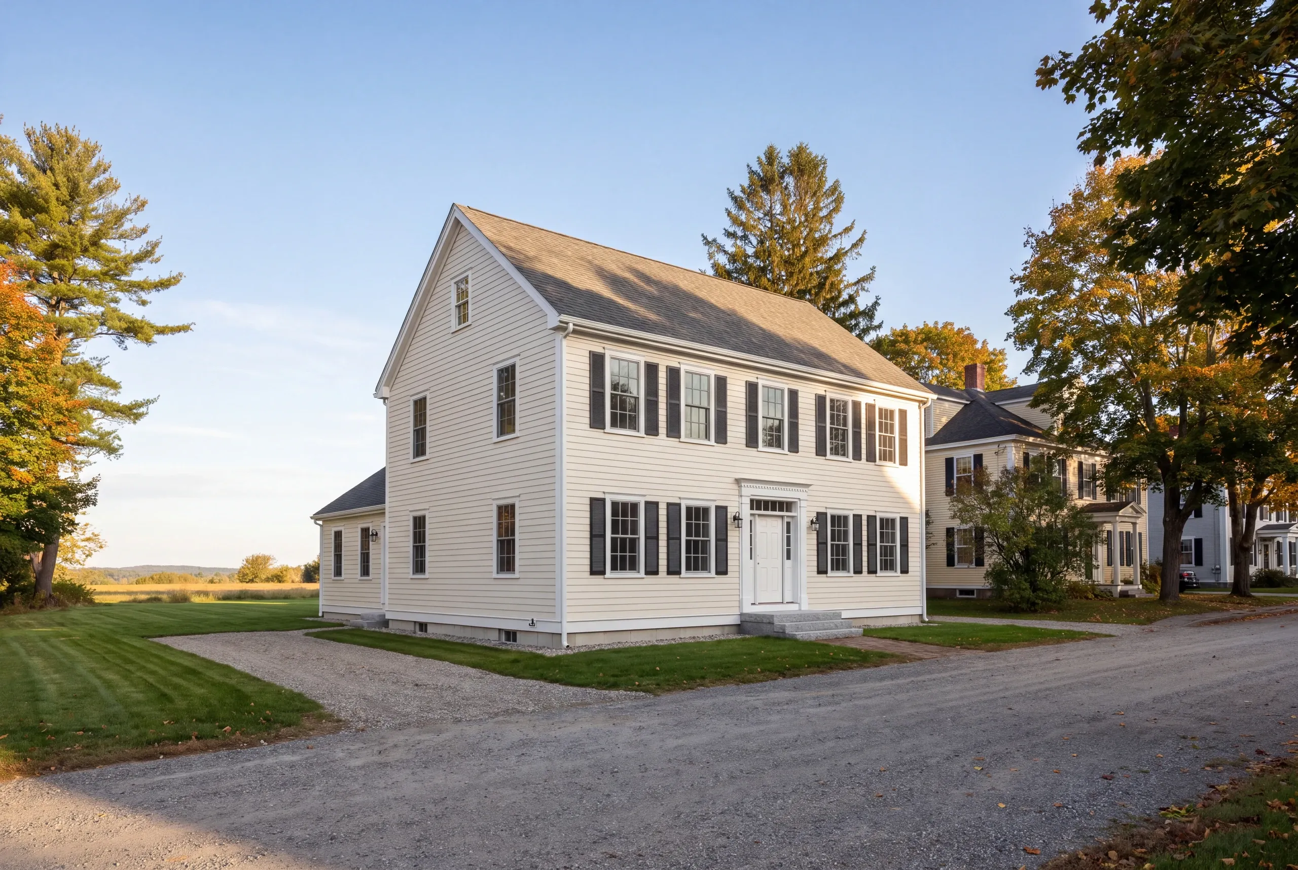 Finished siding and trim on a Brunswick, Maine home, wide view