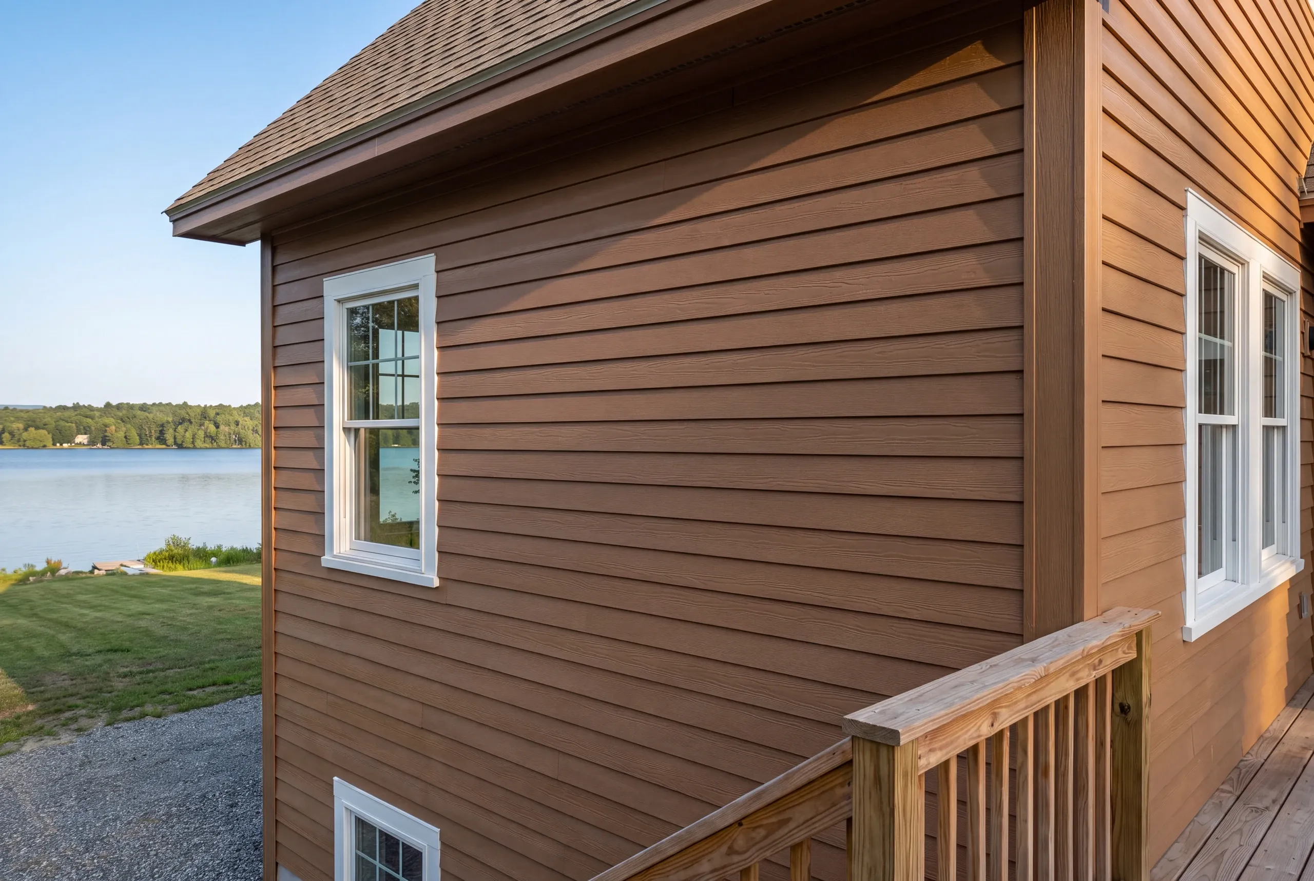 Finished siding, corner boards and window trim along the side of a China home