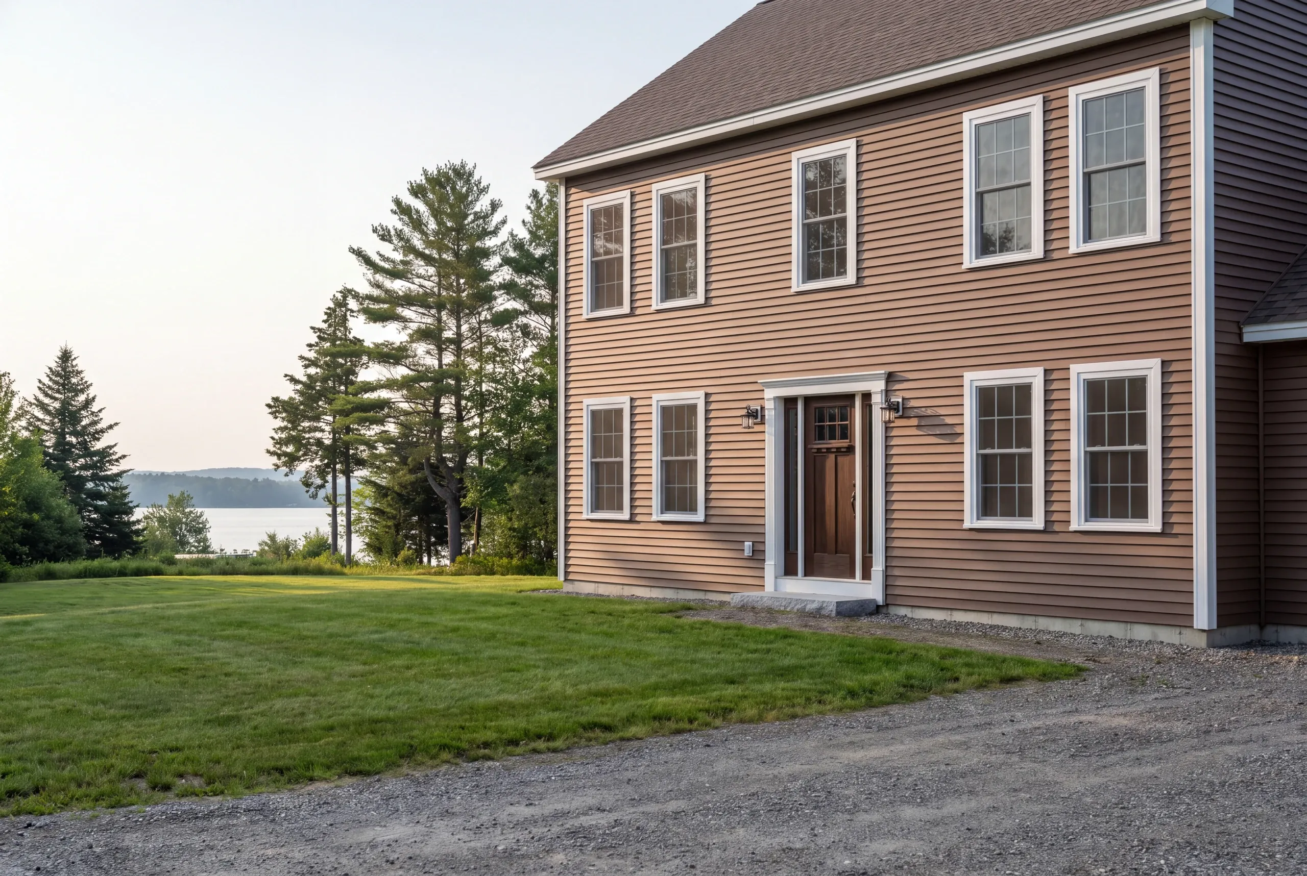 Finished siding and trim on a China, Maine home, wide view