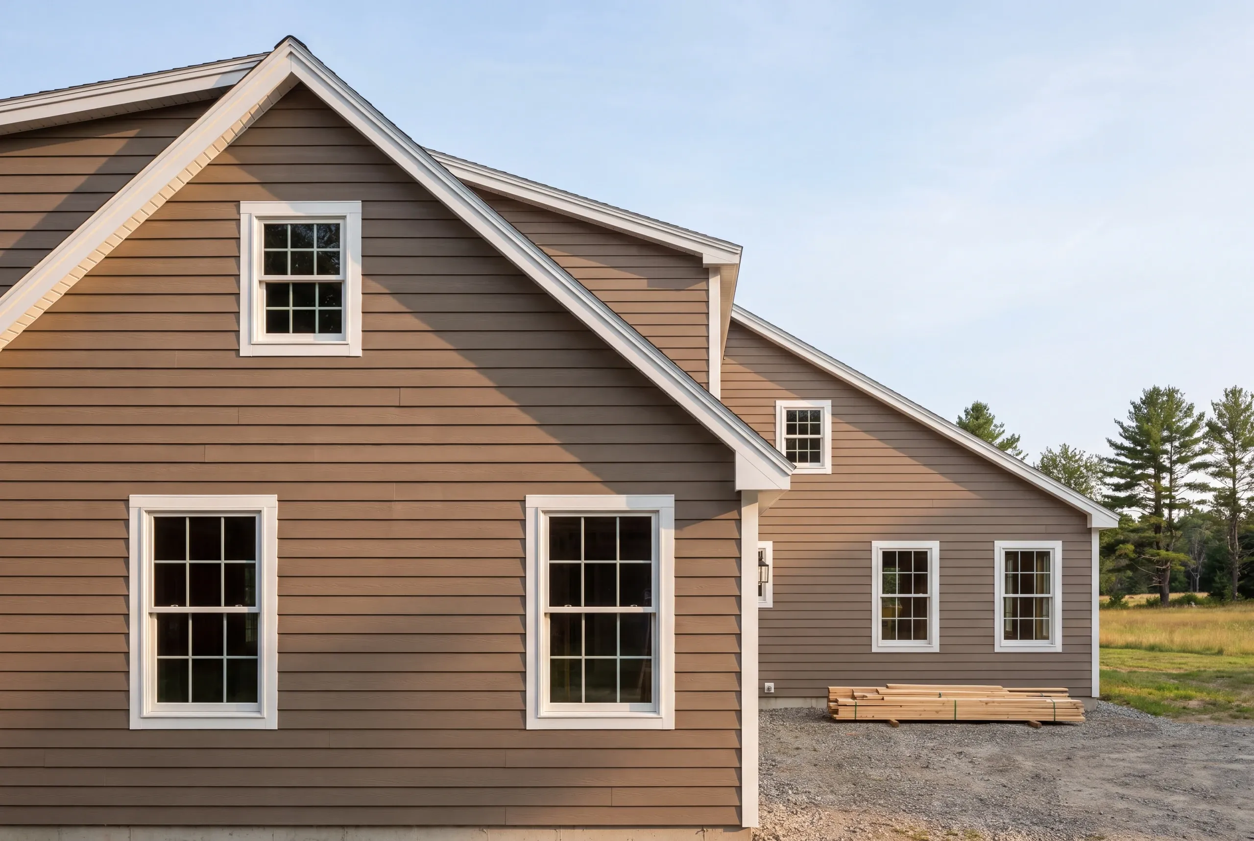 Long farmhouse wall being sided in Clinton