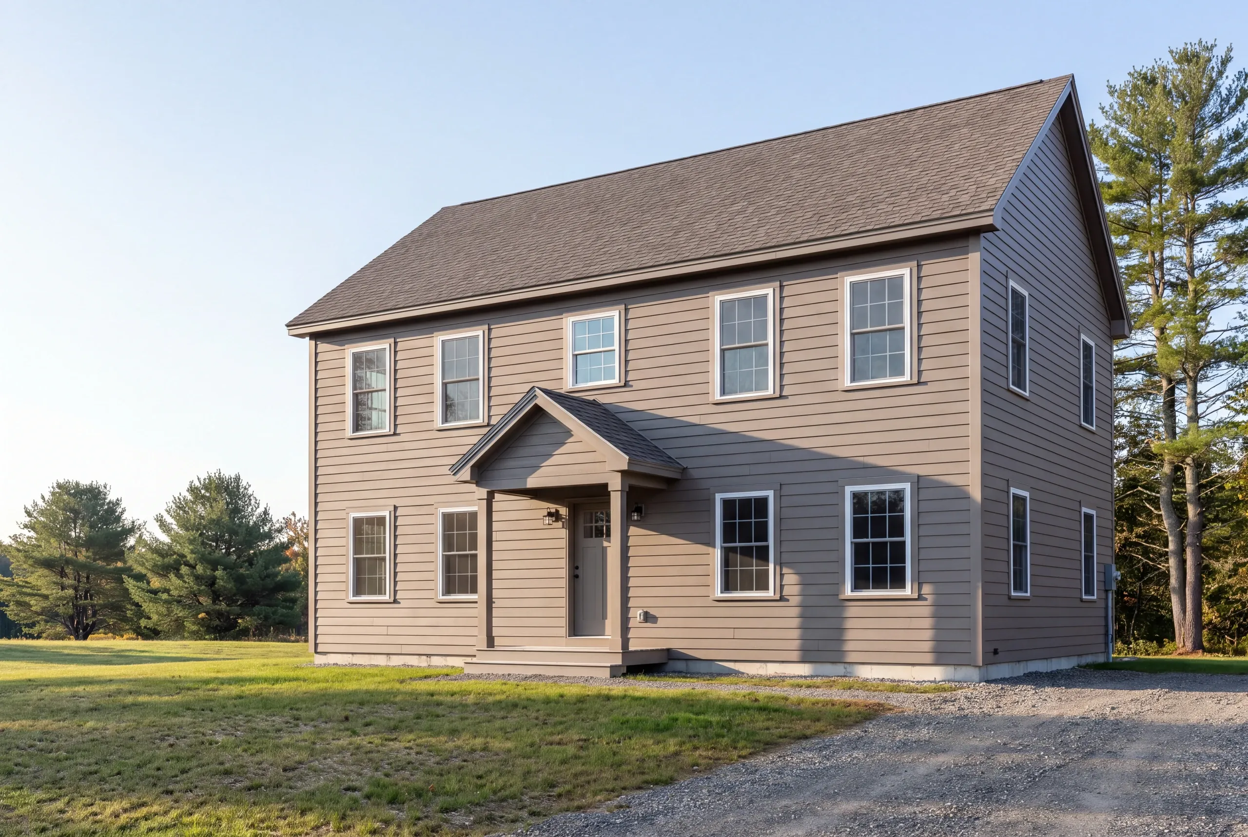 Finished siding and trim on a Clinton, Maine home, wide view