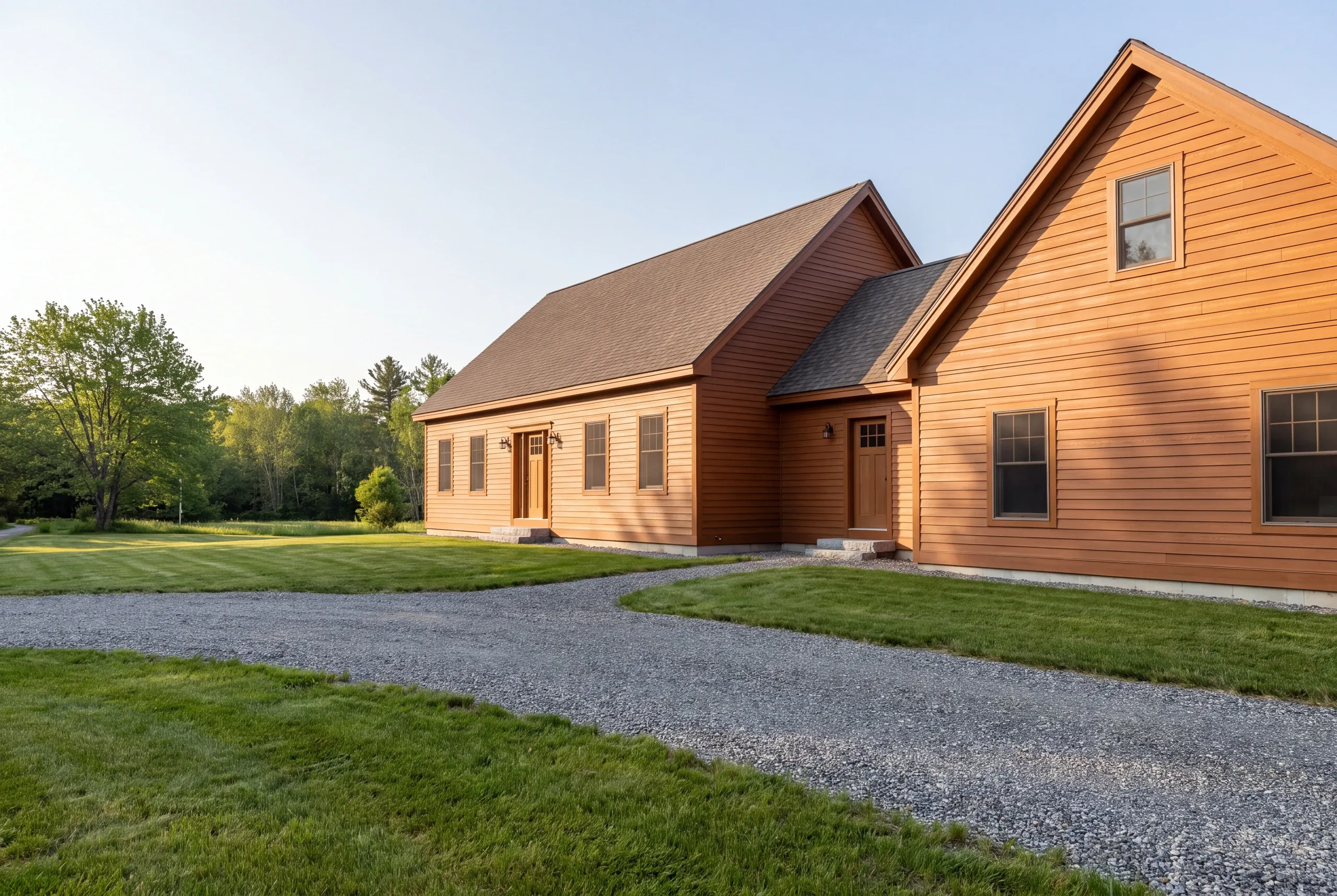 Finished siding and trim on a Central Maine home, wide view