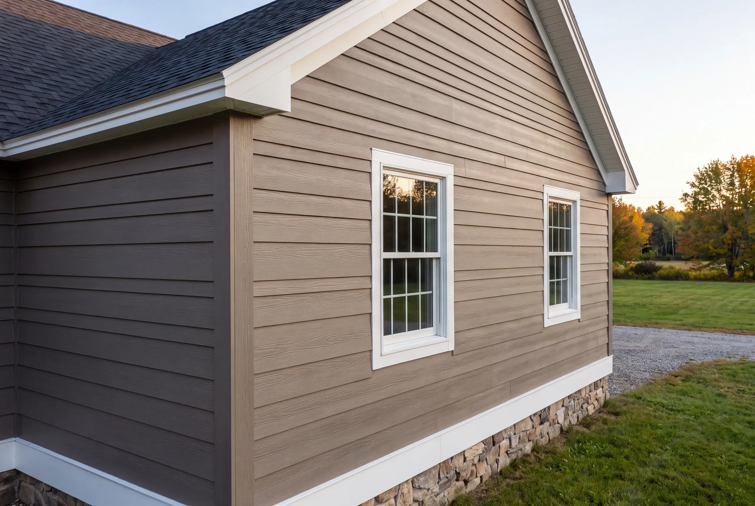 Finished siding, corner boards and window trim along the side of a Fairfield home