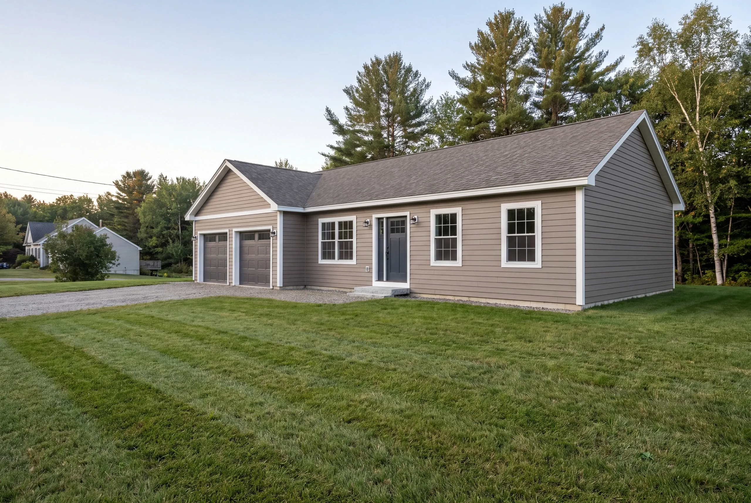 Finished siding and trim on a Fairfield, Maine home, wide view