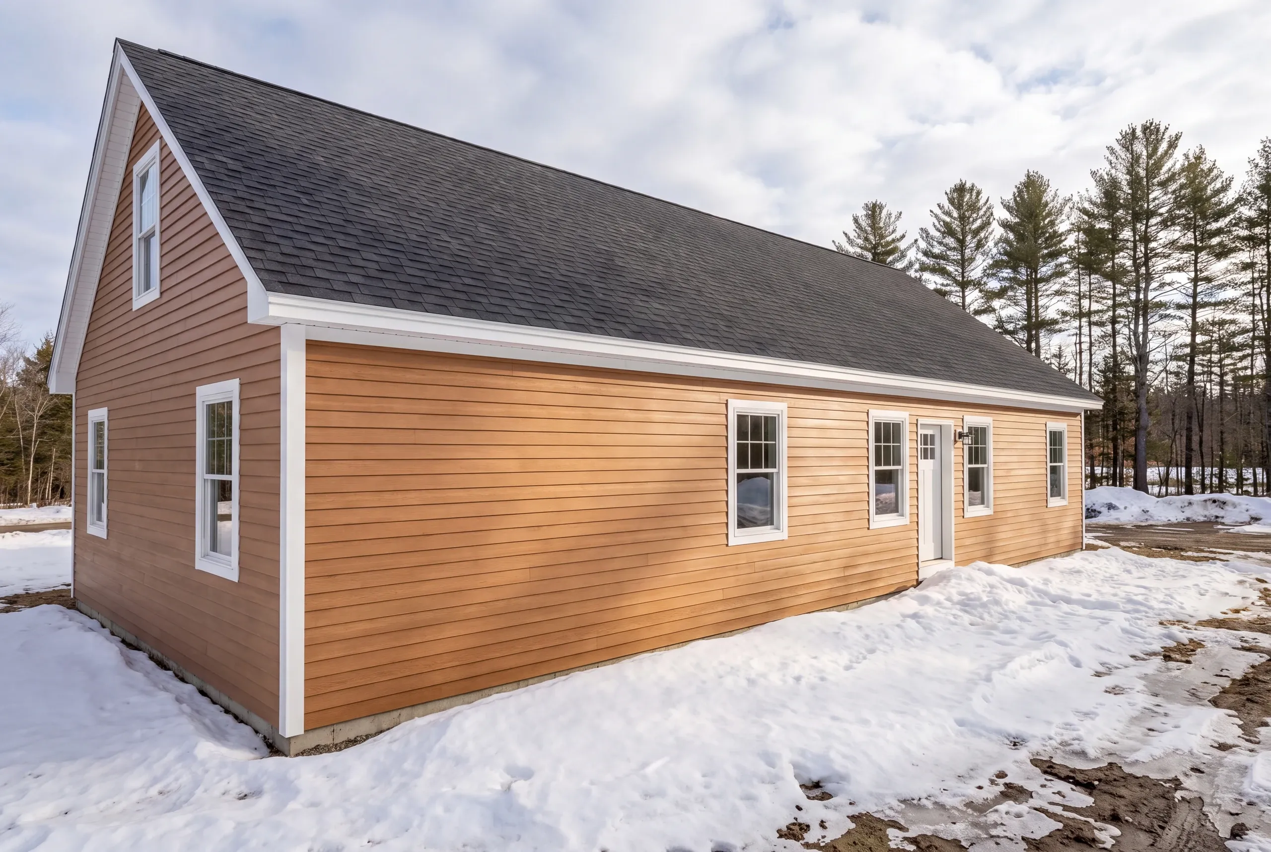Deep snow banked against a Farmington house wall in winter