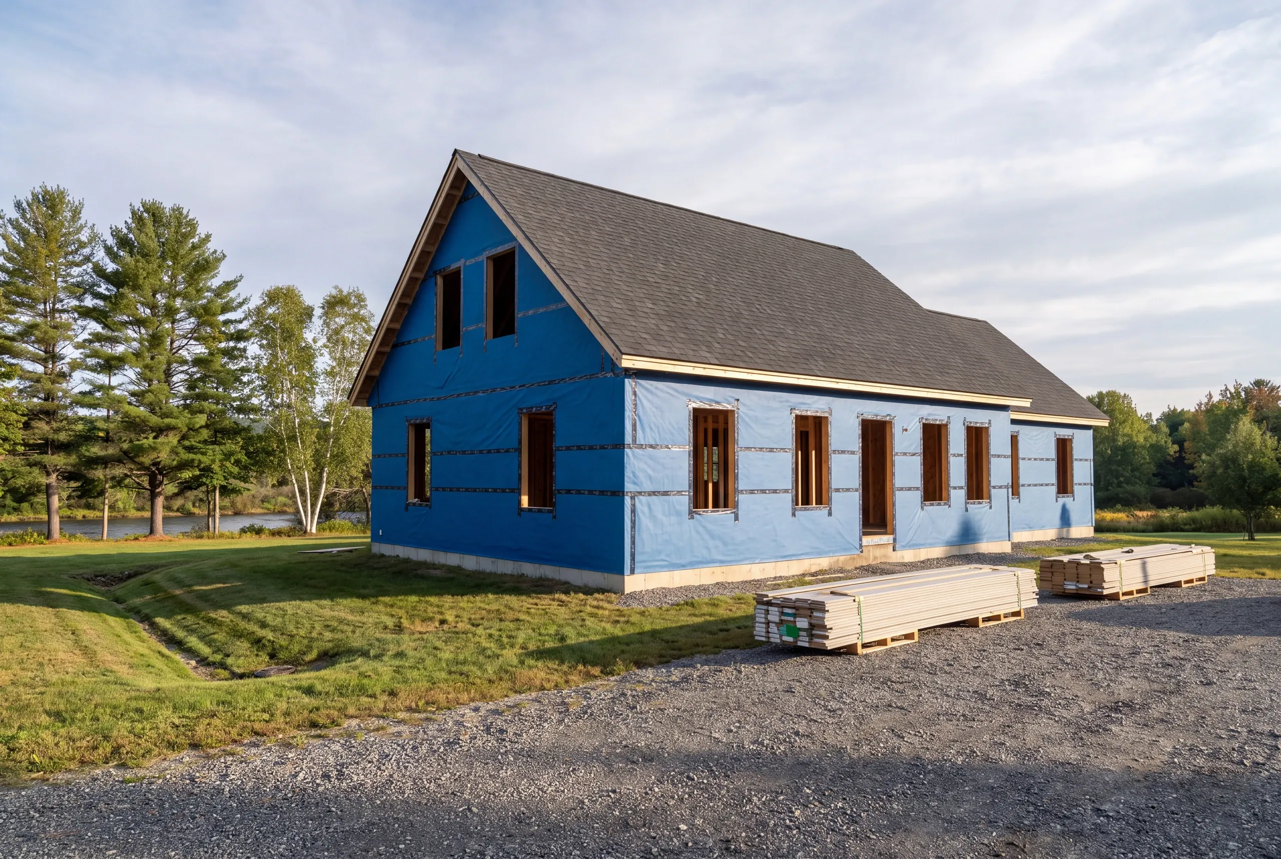 Sandy River intervale house being re-sided in Farmington