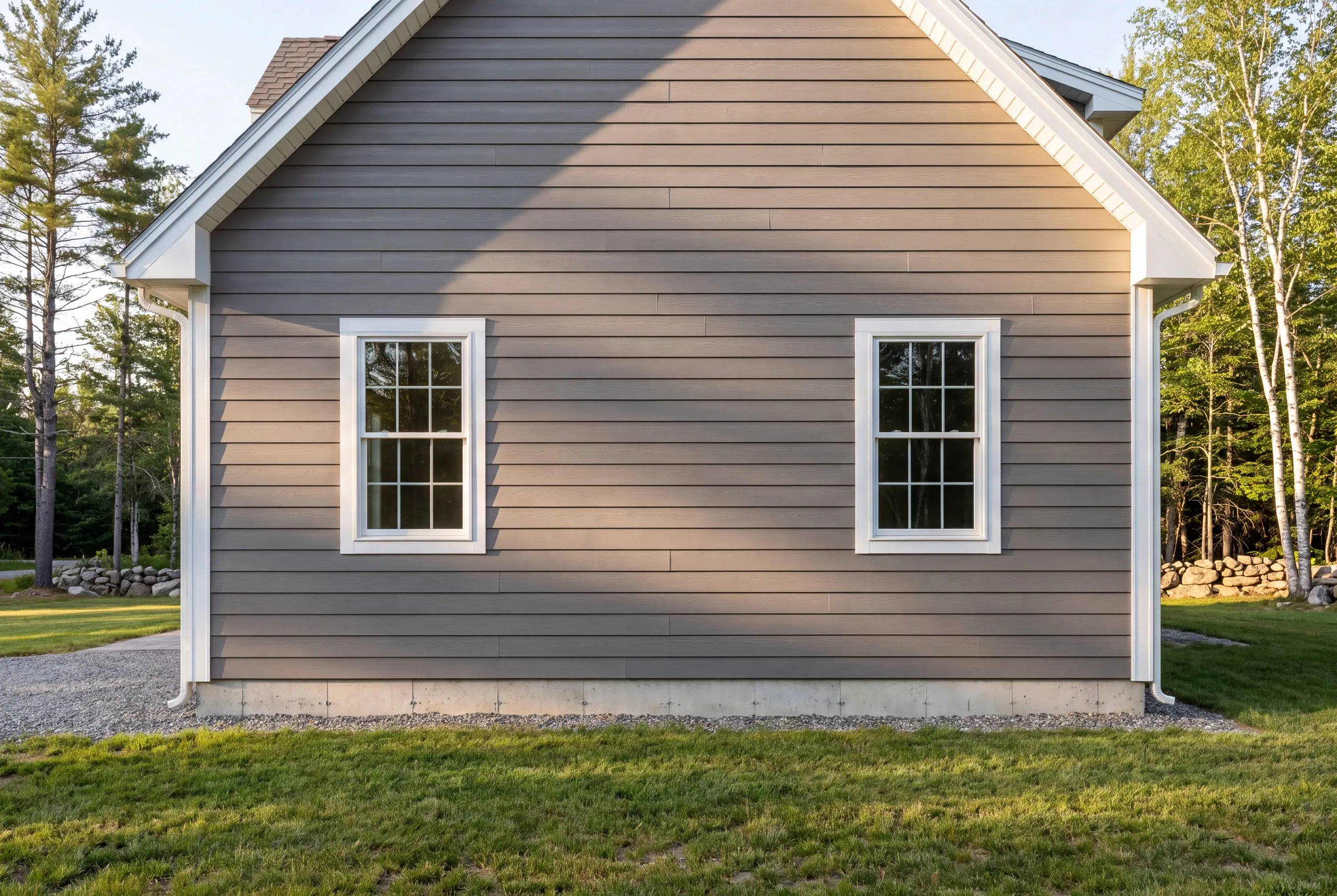 Finished siding, corner boards and window trim along the side of a Farmington home