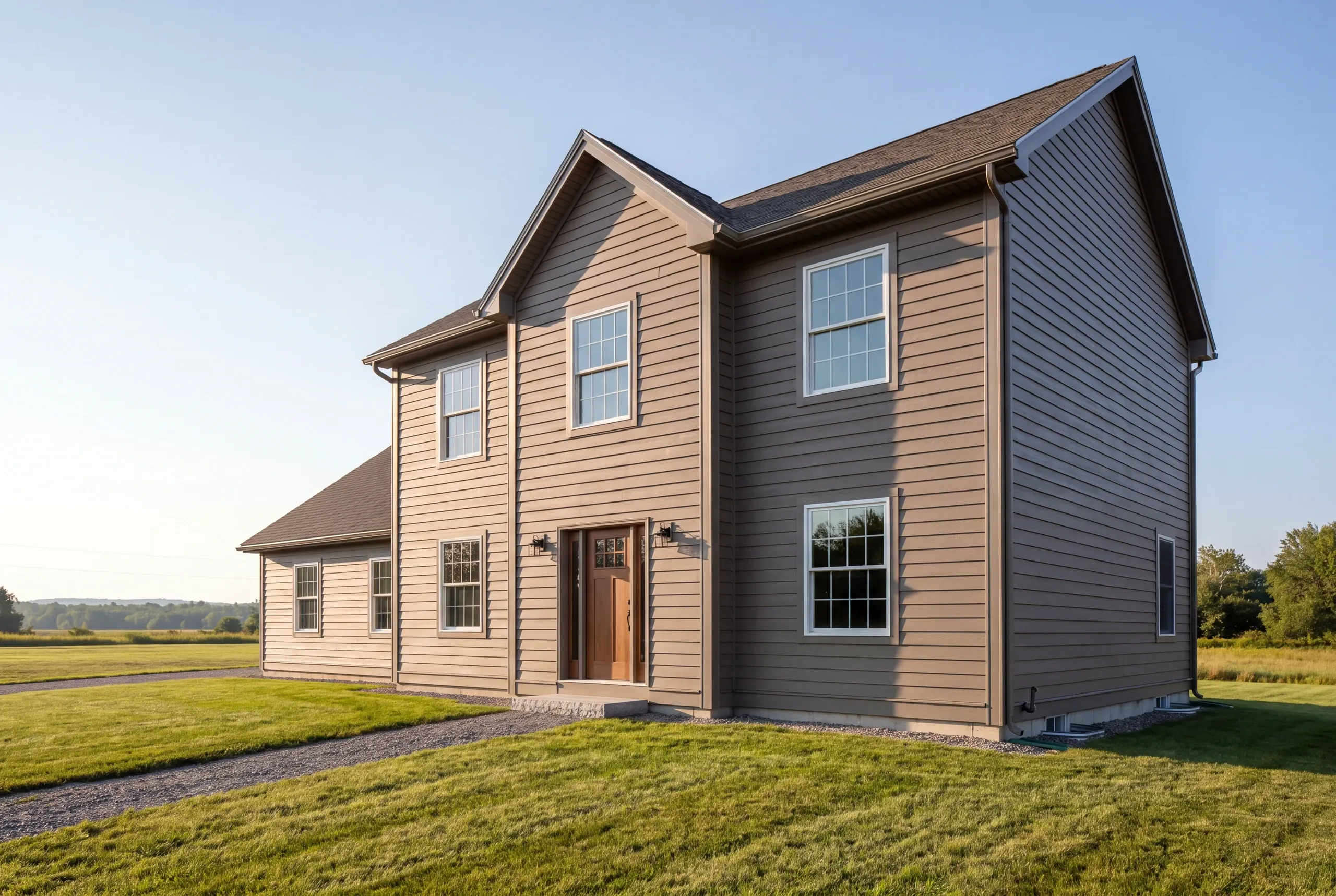 Finished siding and trim on a Farmington, Maine home, wide view