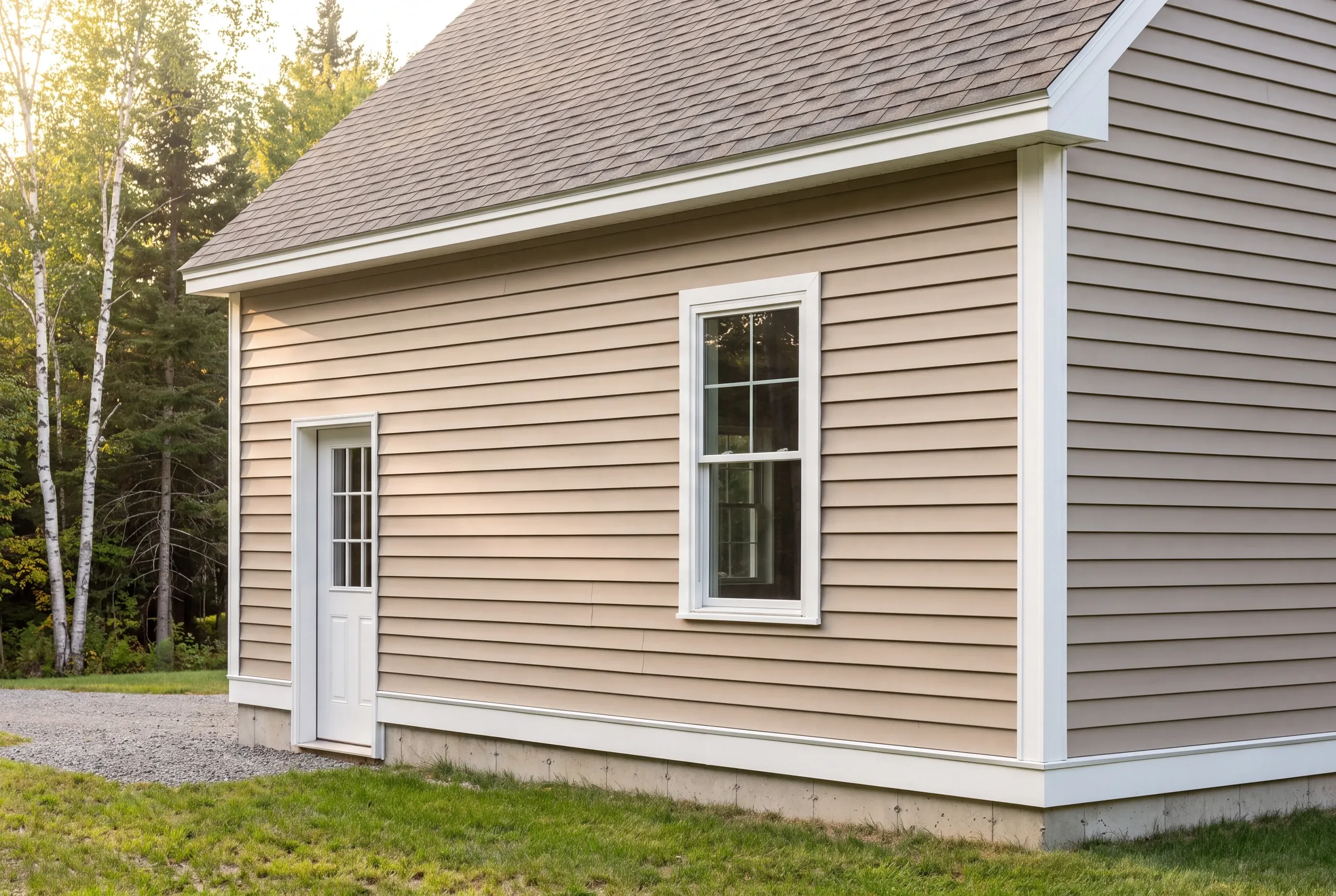 Finished siding, corner boards and window trim along the side of a Gardiner home