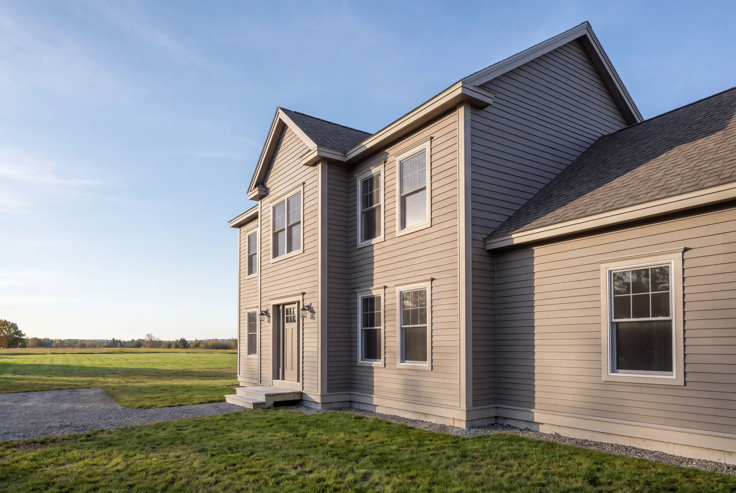 Finished siding and trim on a Gardiner, Maine home, wide view